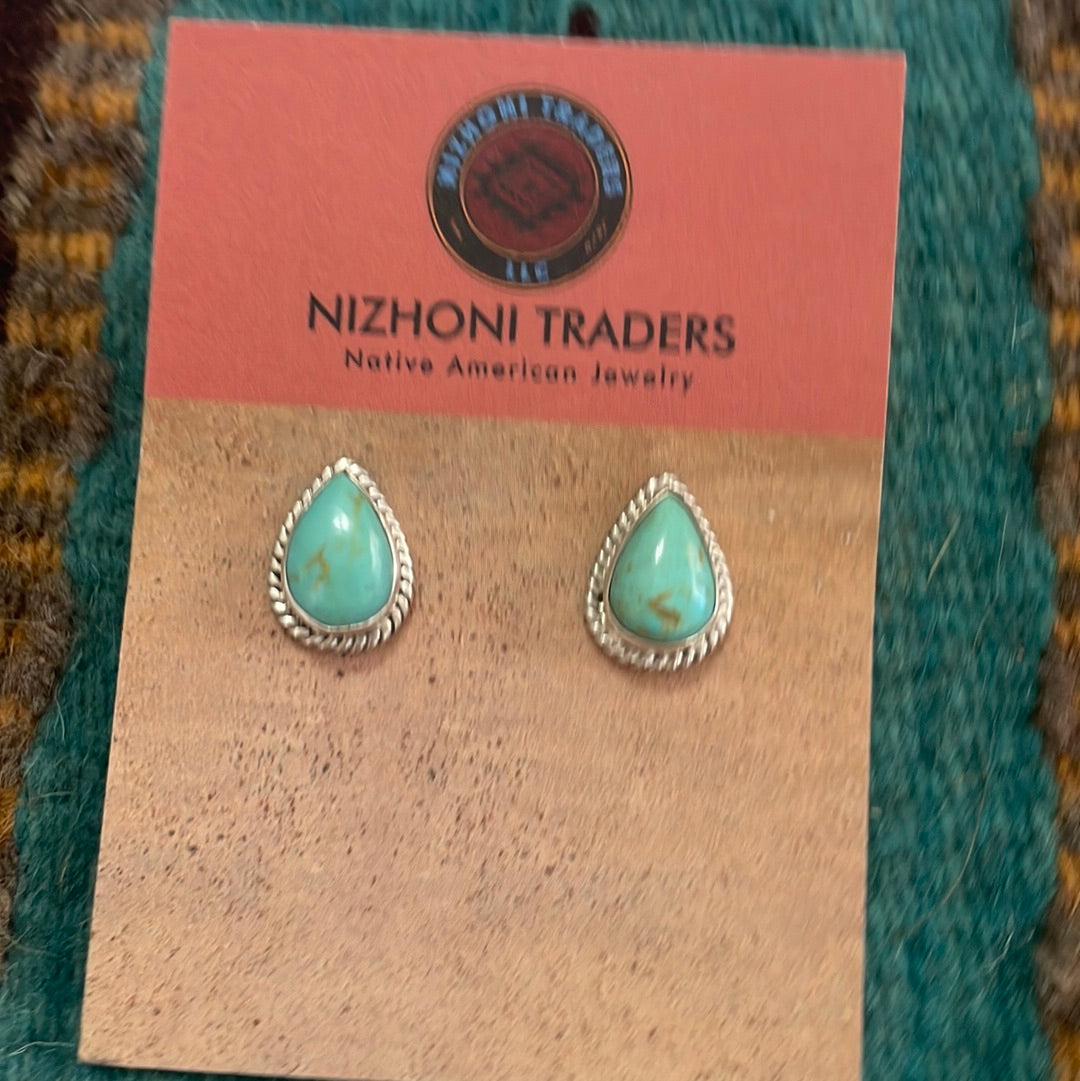 Handcrafted Sterling Silver & Turquoise Tear Drop Stud Earrings Signed
