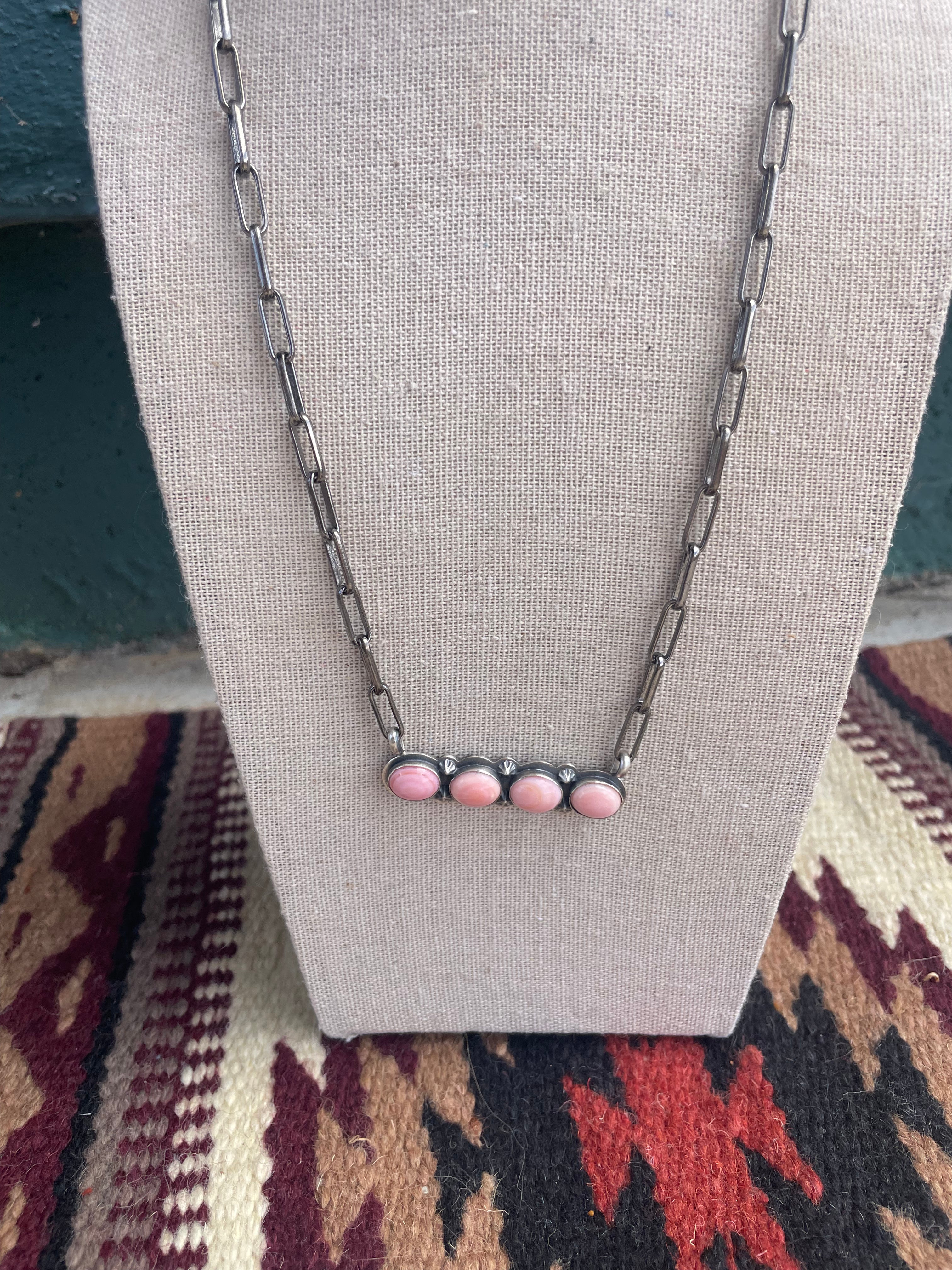 Handcrafted Queen Pink Conch Shell And Sterling Silver 4 Stone Bar Necklace Signed