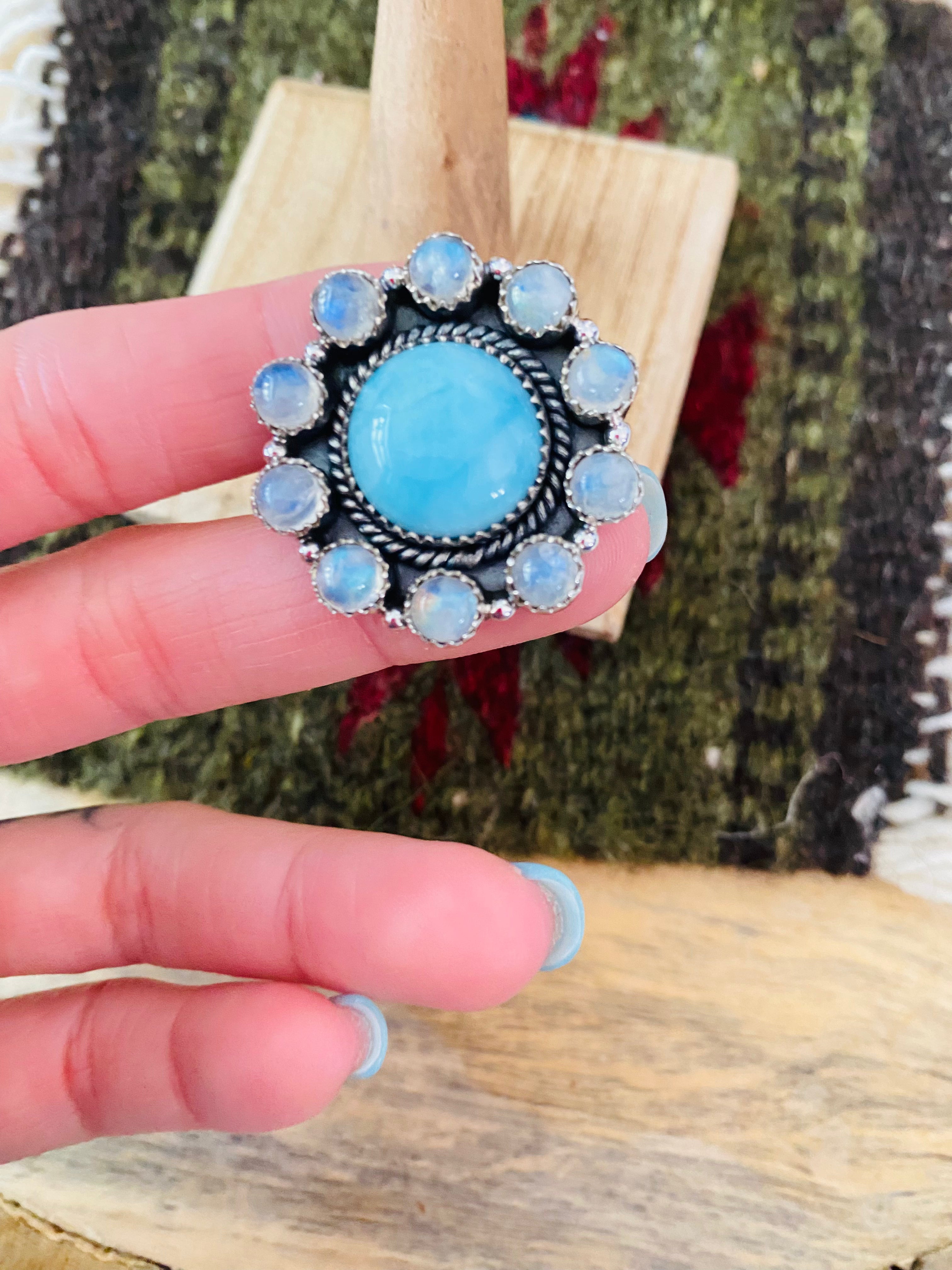 Handmade Sterling Silver, Larimar & Moon Stone Cluster Adjustable Ring