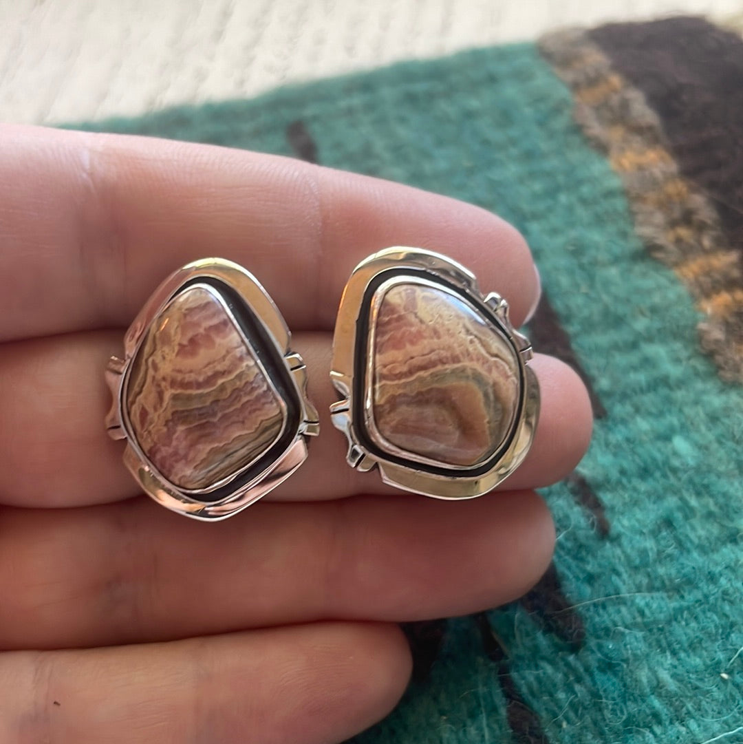Navajo Sterling Silver & Rhodochrosite Stone Post Earrings Signed