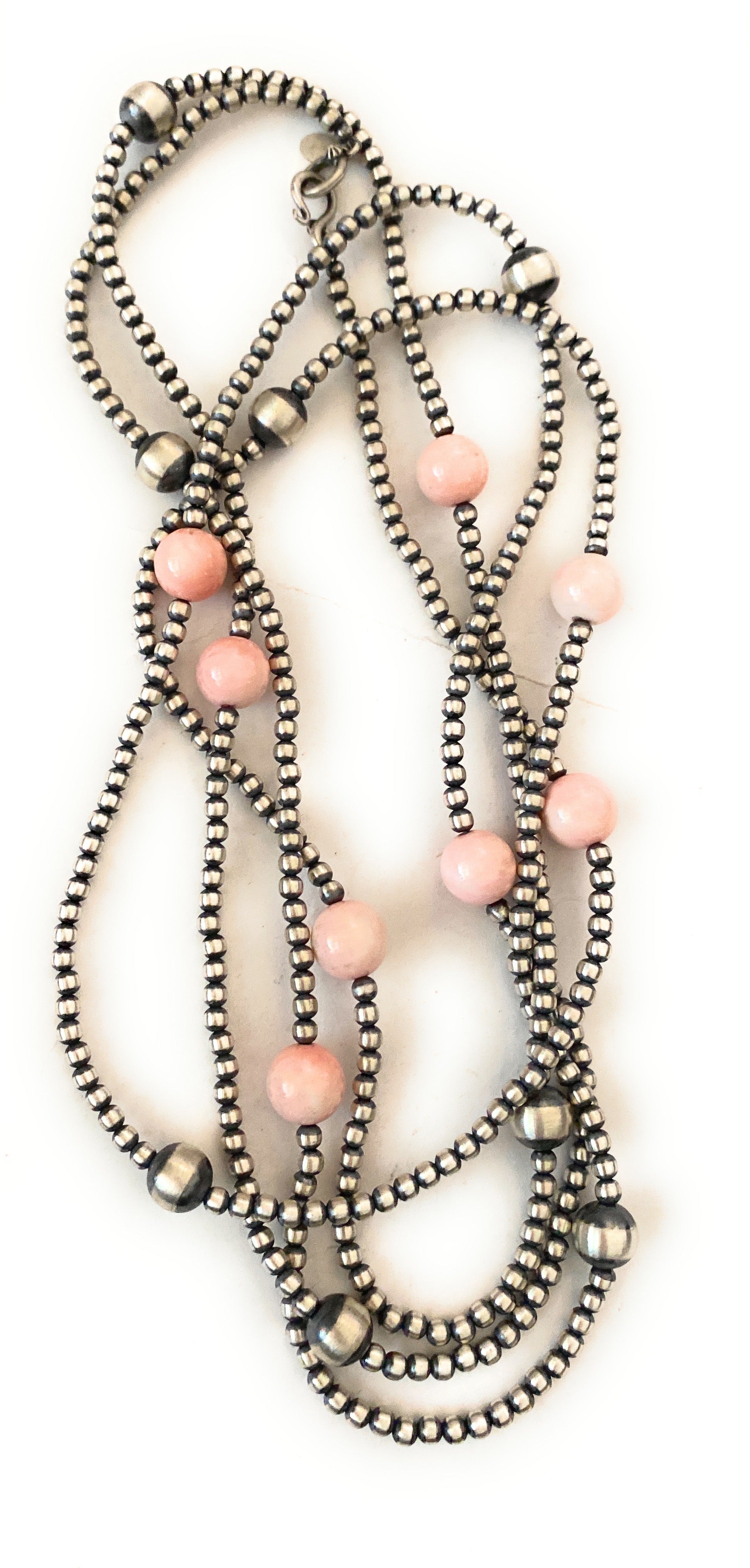 Handcrafted Sterling Silver Pearl, Turquoise & Queen Pink Conch Beaded Necklace 72”