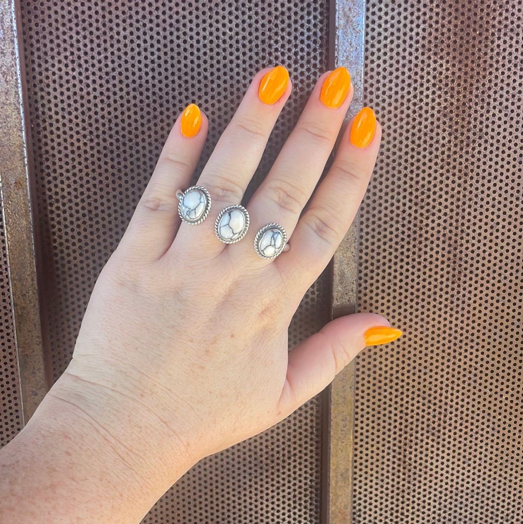 Handcrafted Sterling Silver White Buffalo Adjustable Triple Threat Ring Signed