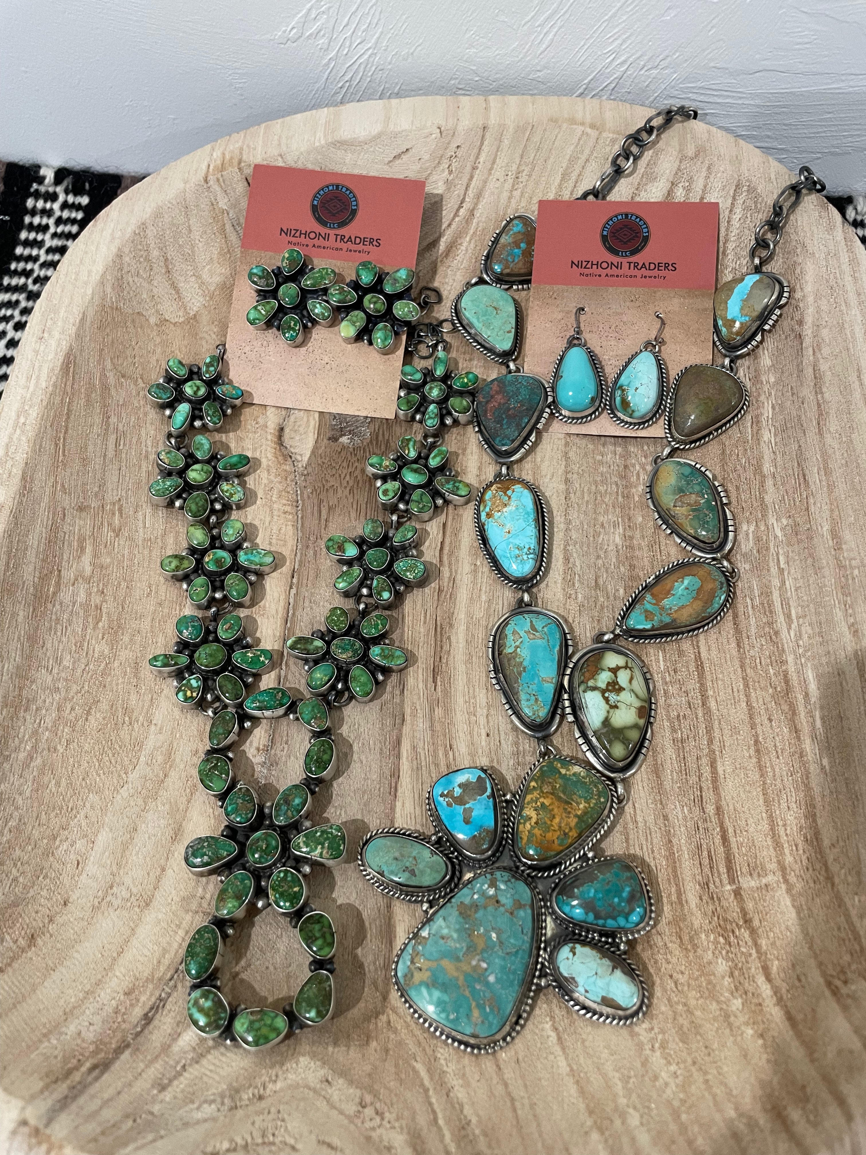 Sheila Becenti Navajo Sterling Silver Sonoran Mountain Turquoise Necklace & Earring Set