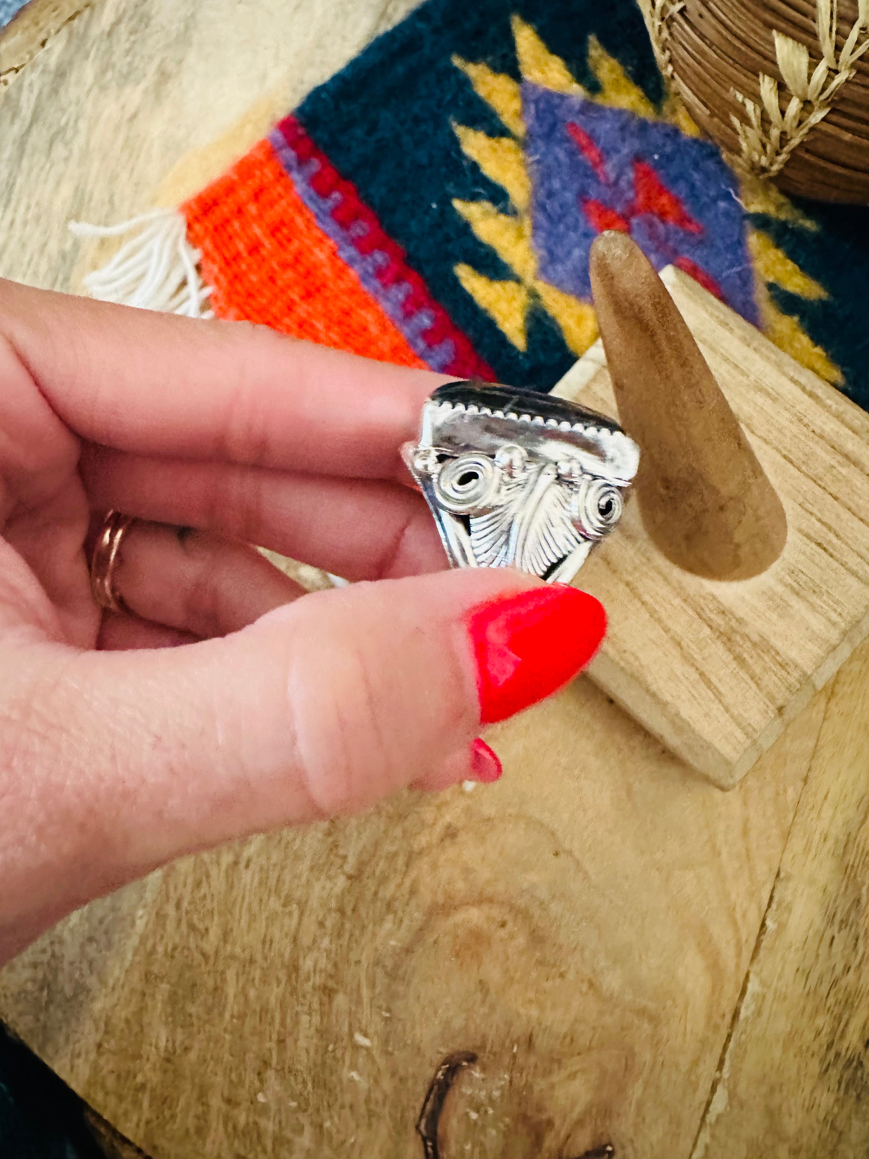 Handcrafted Sterling Silver & White Buffalo Band Ring Signed