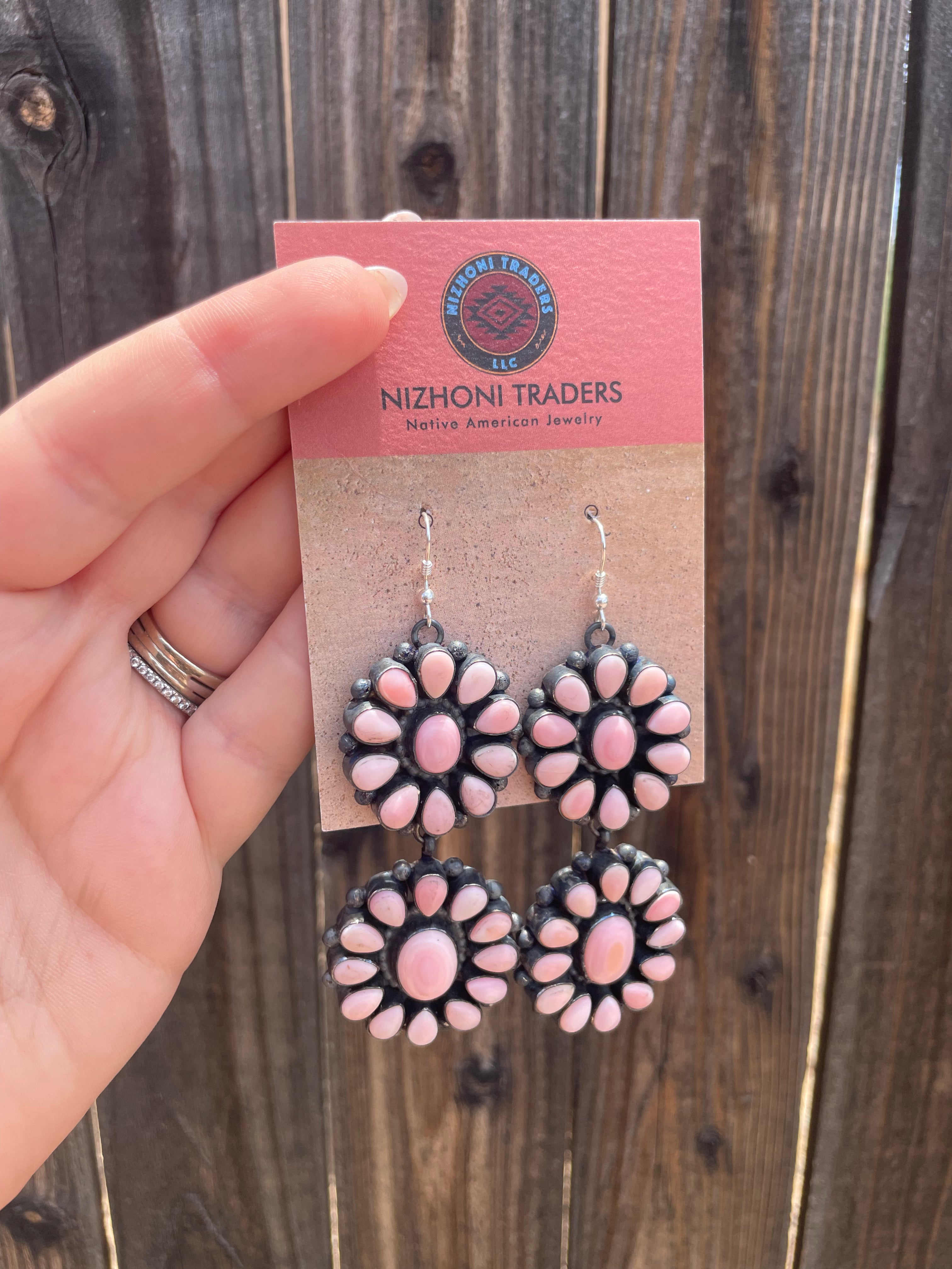 “The Sunday Morning” Handcrafted Pink Conch and Sterling Silver Flower Dangle Earrings Signed