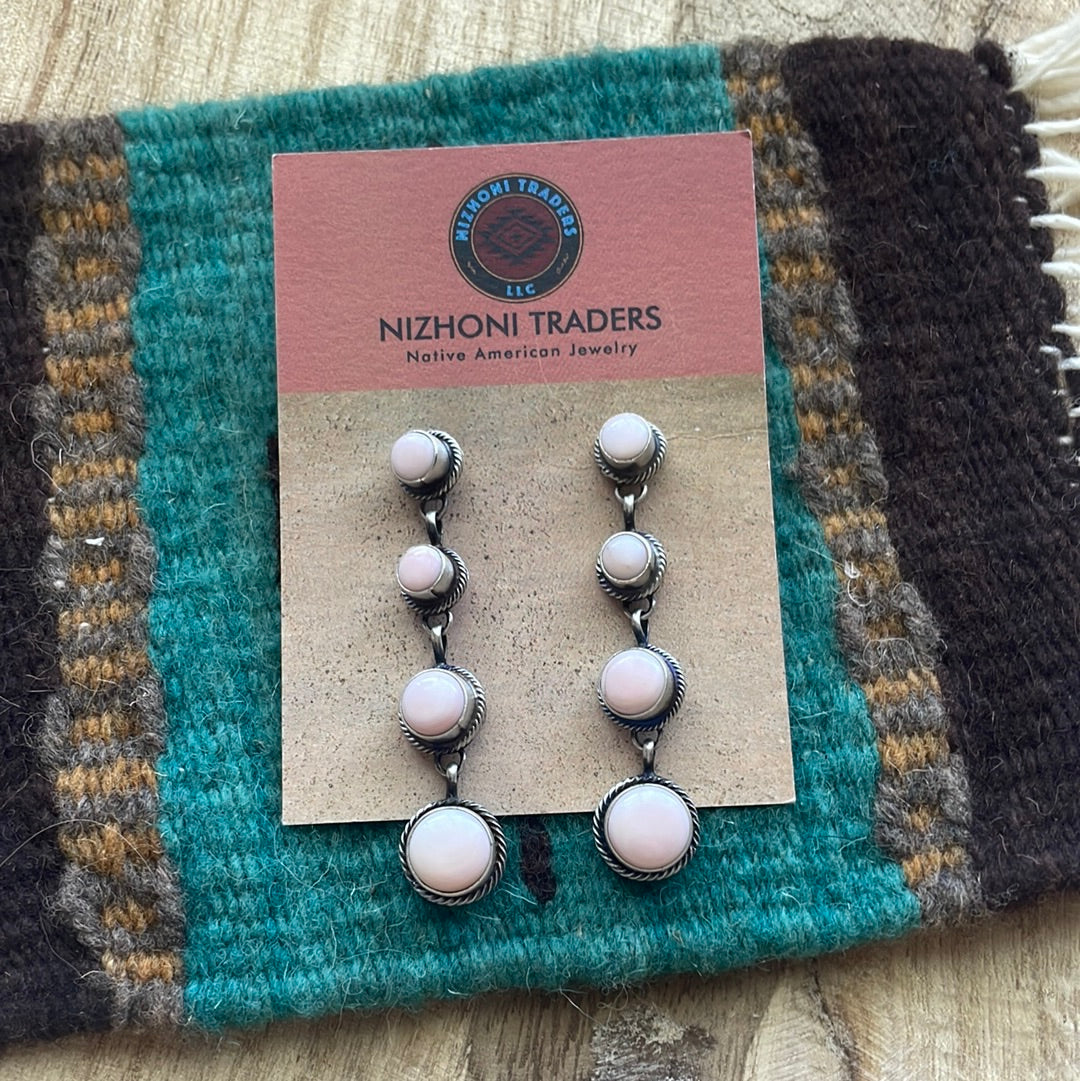 Handcrafted Sterling Silver Pink Conch Circle Dangle Earrings Signed