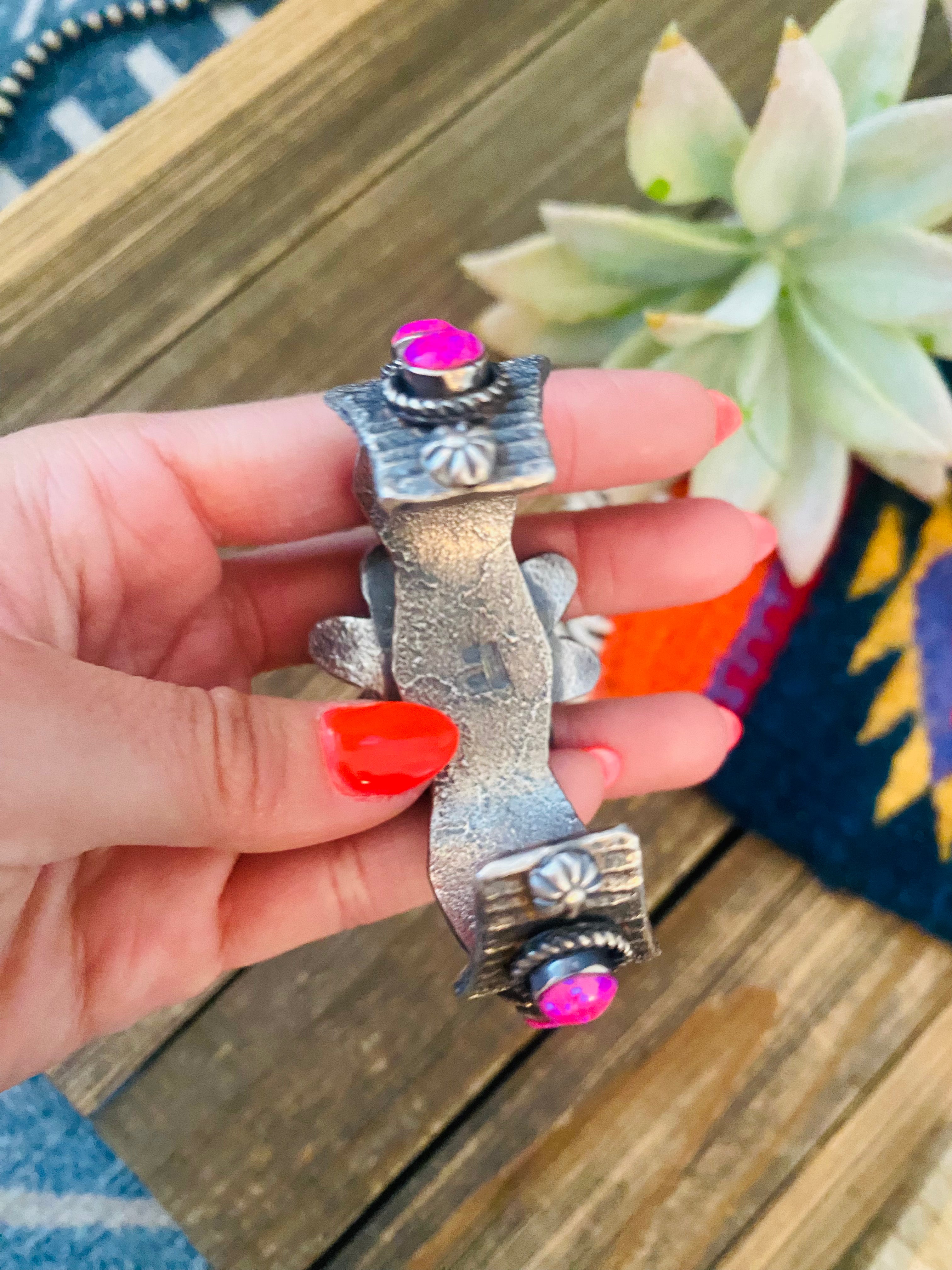 Navajo Pink Opal & Sterling Silver Flower Cuff Bracelet /