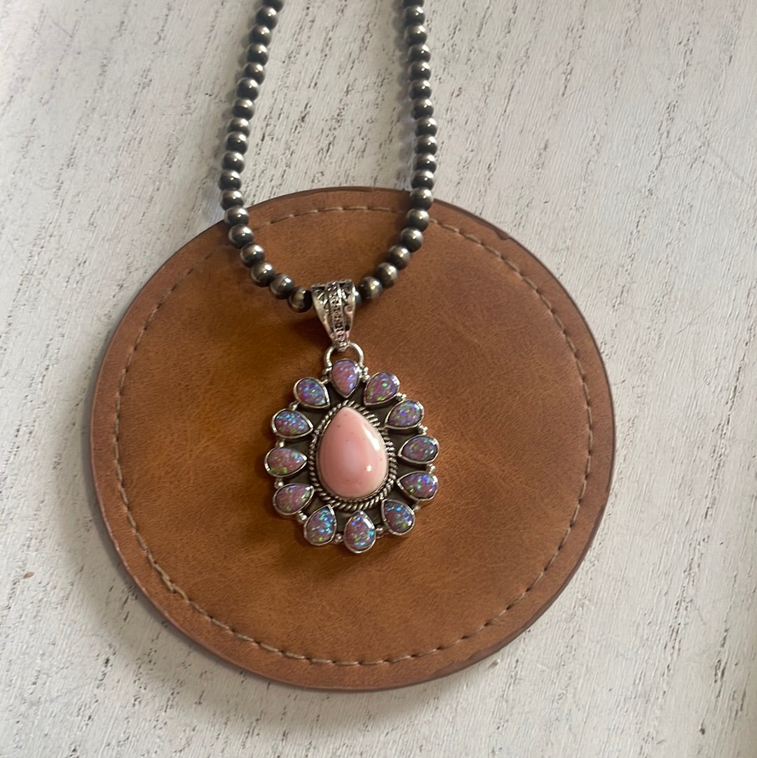 Handmade Pink Conch, Purple Fire Opal & Sterling Silver Flower Pendant