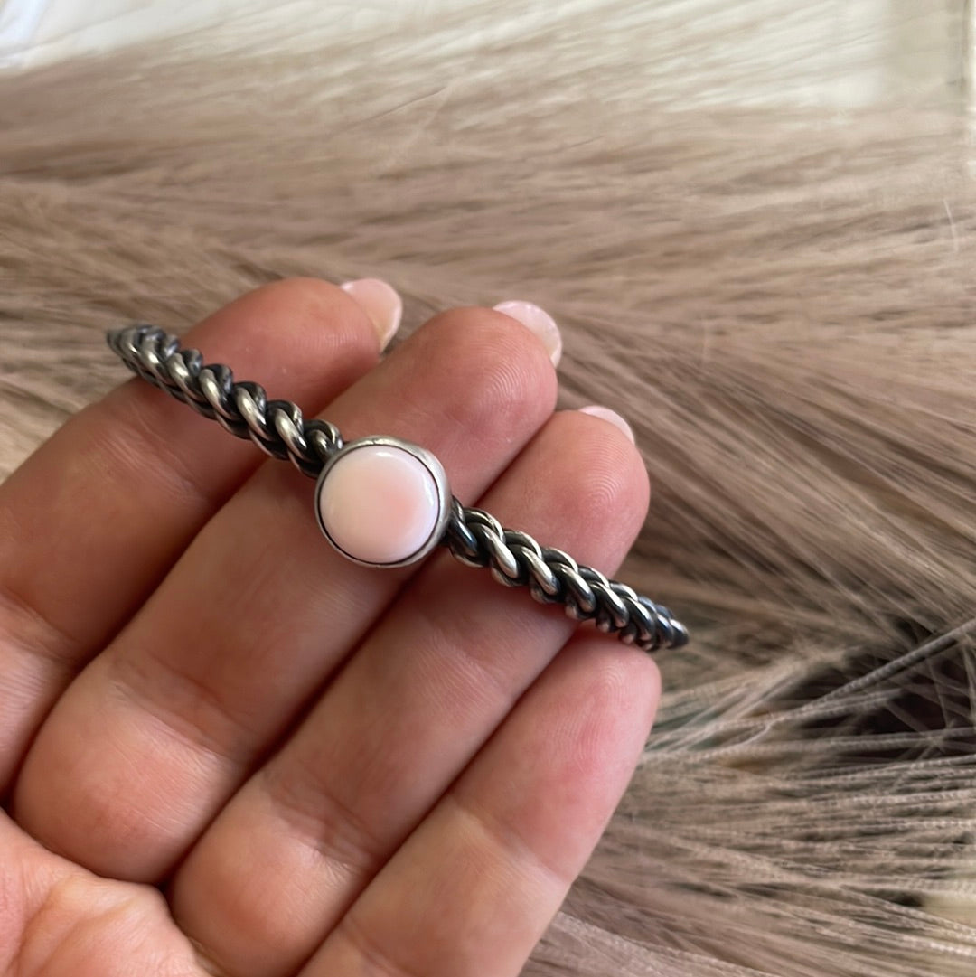 Handcrafted Circle Pink Conch & Sterling Silver Adjustable Cuff Bracelet