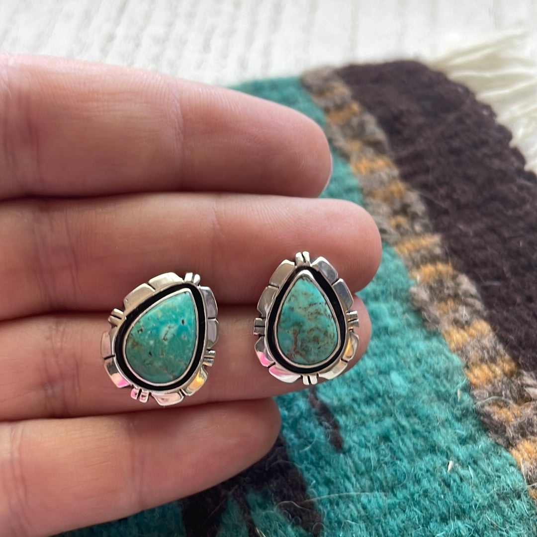 Beautiful Handcrafted Turquoise And Sterling Silver Teardrop Post Earrings