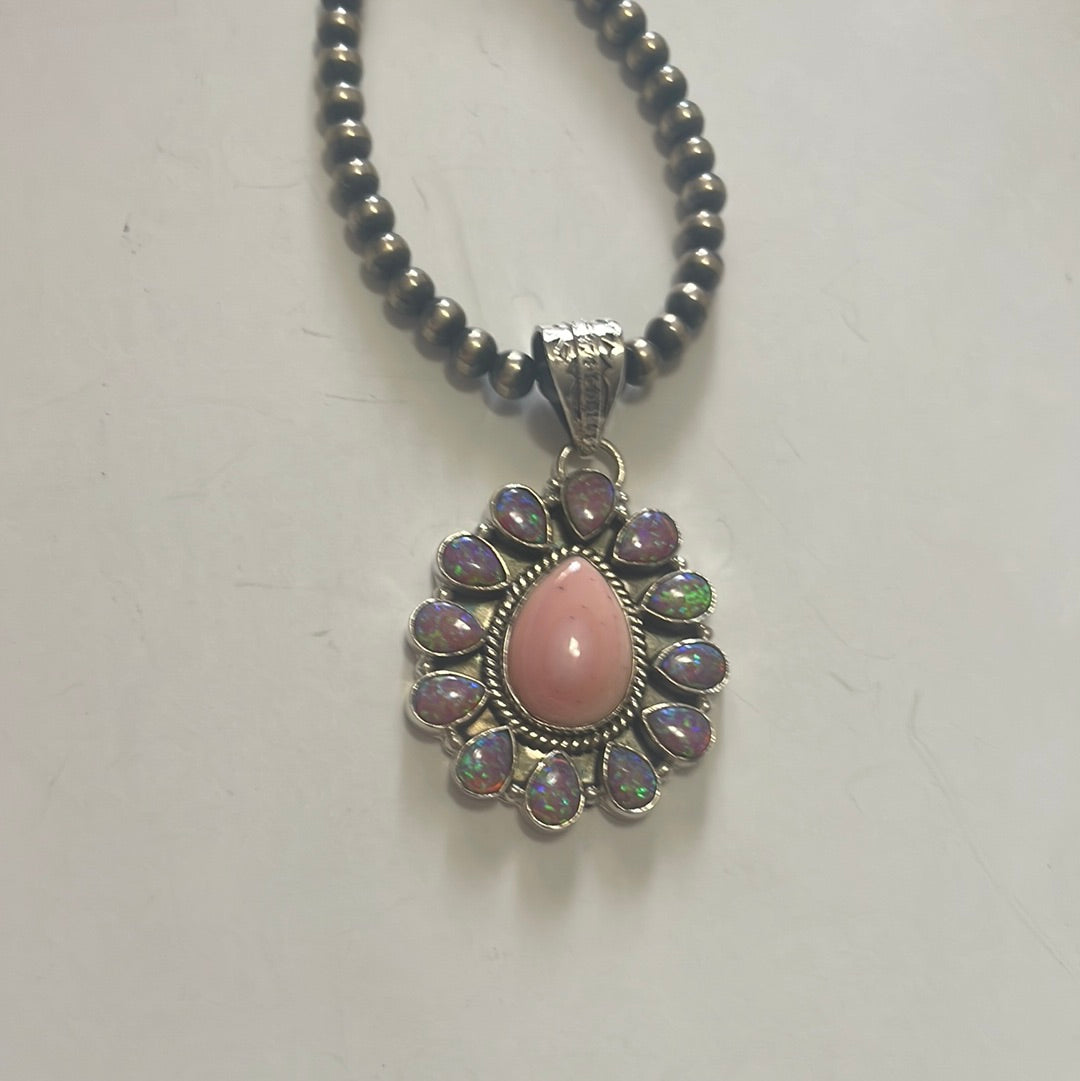 Handmade Pink Conch, Purple Fire Opal & Sterling Silver Flower Pendant