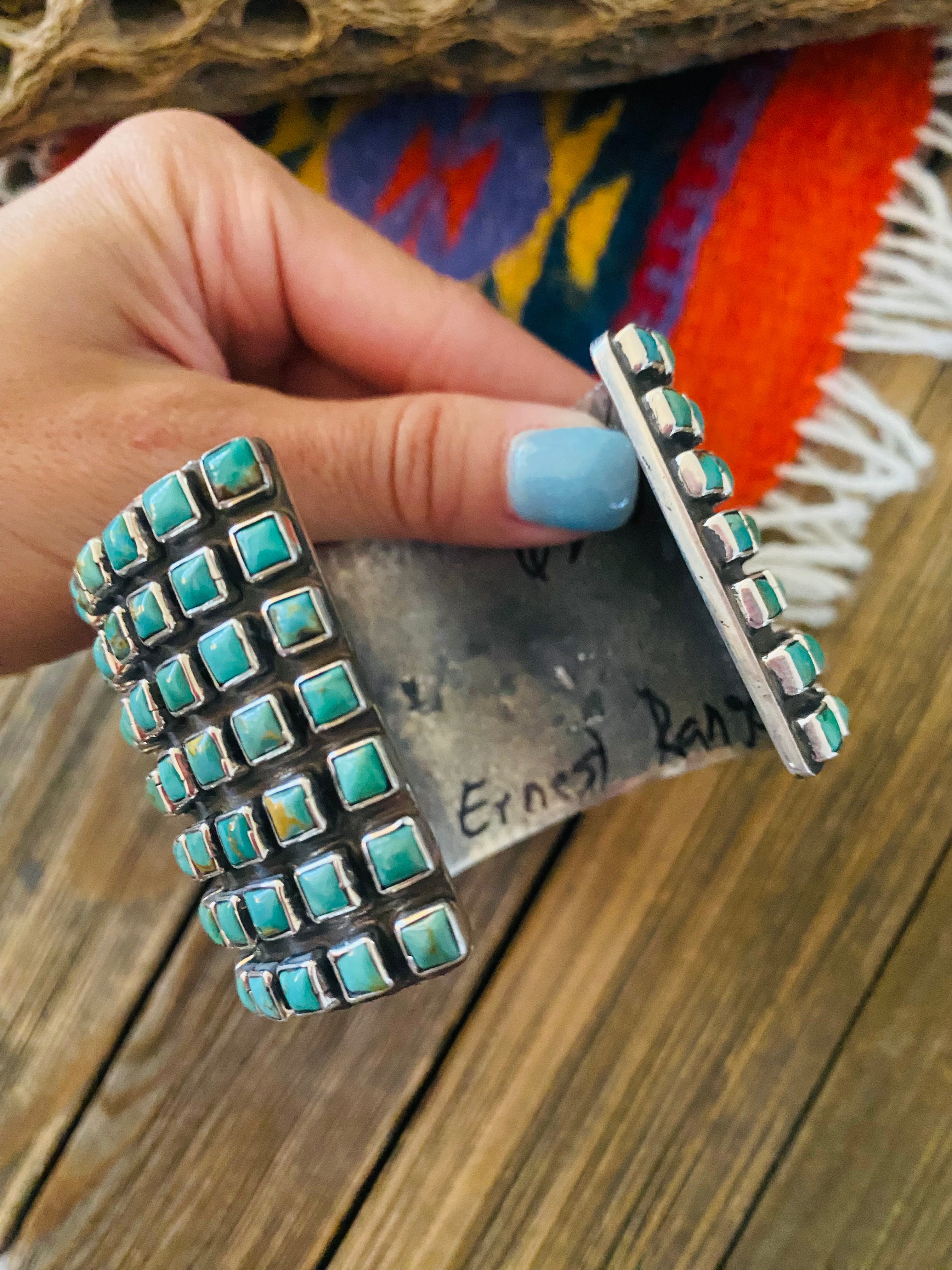 Handcrafted Kingman Turquoise And Sterling Silver Cluster Cuff Bracelet By Ernest Rangel /