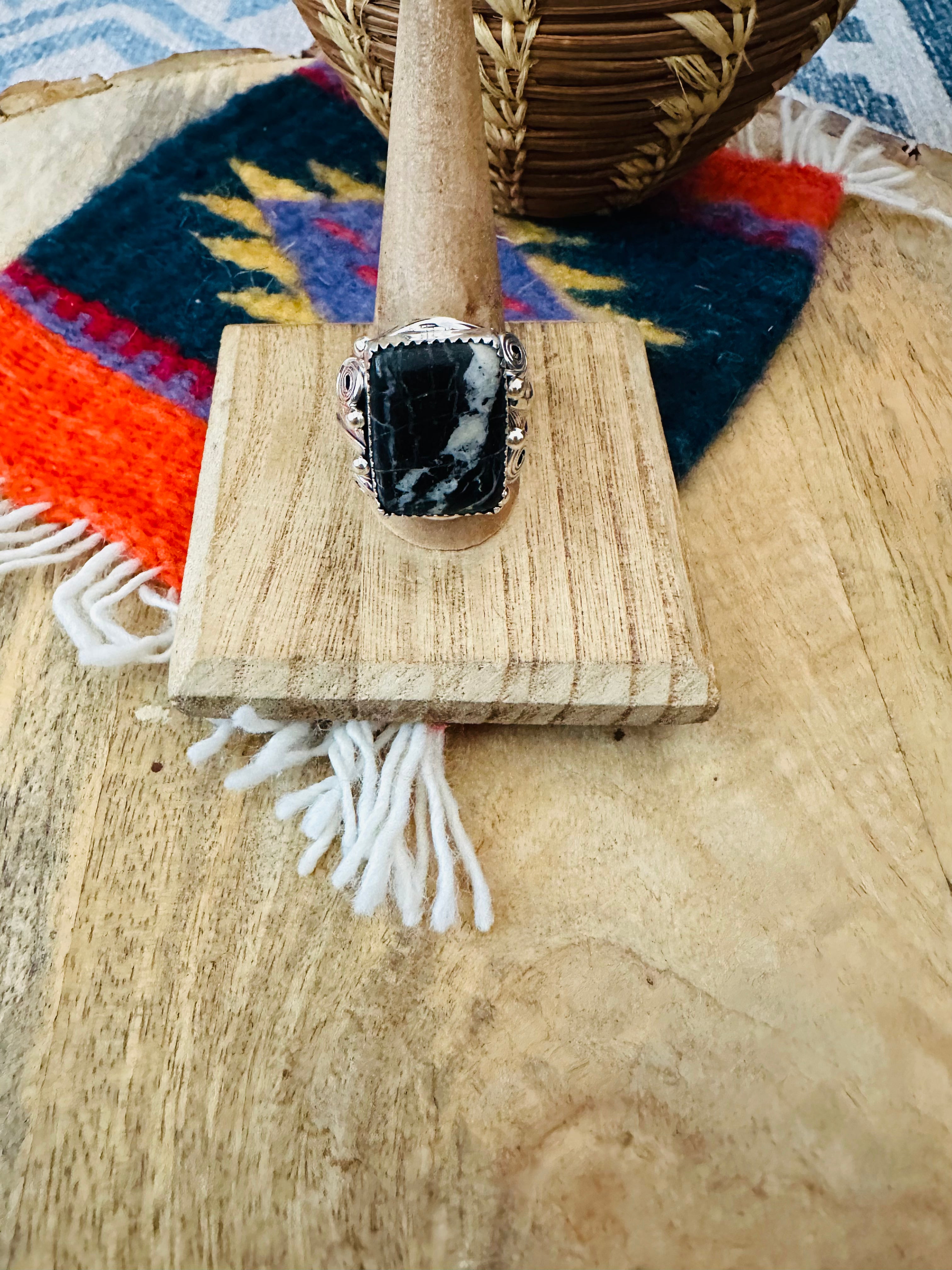 Handcrafted Sterling Silver & White Buffalo Band Ring Signed