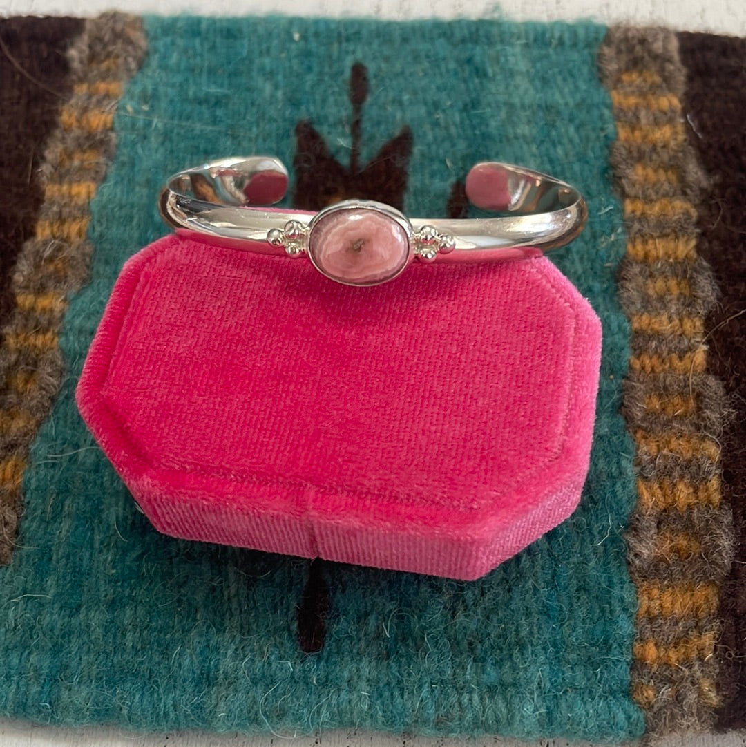 Handcrafted Sterling Silver And Rhodochrosite Adjustable Cuff Bracelet Signed T Skeets