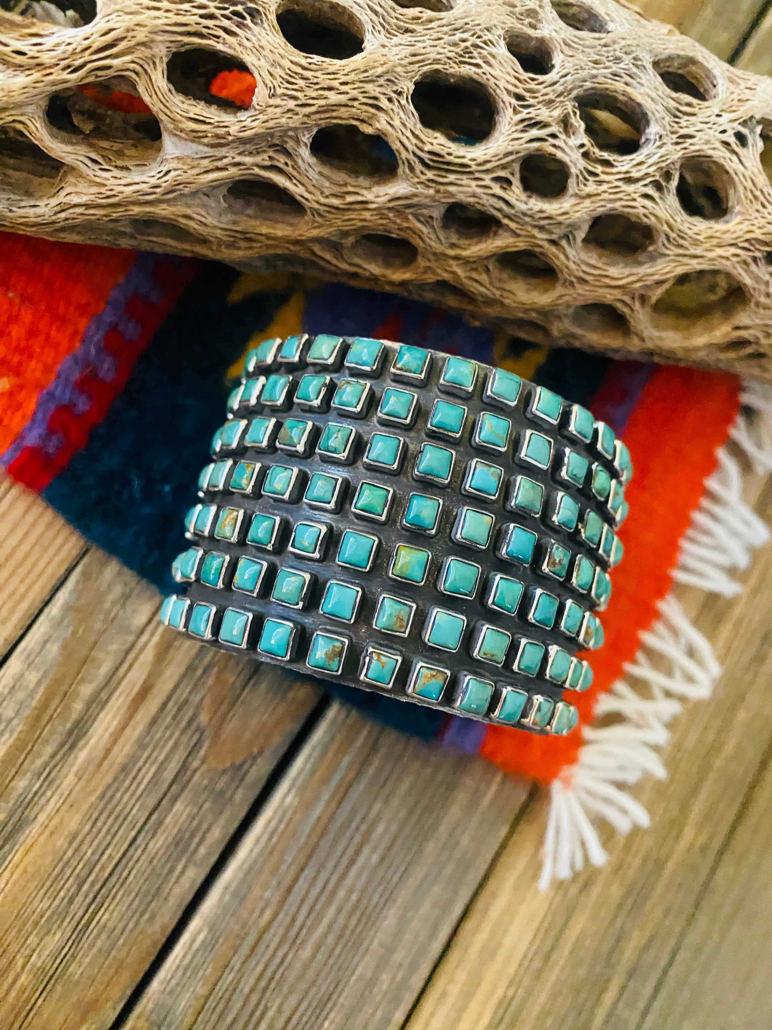 Handcrafted Kingman Turquoise And Sterling Silver Cluster Cuff Bracelet By Ernest Rangel /