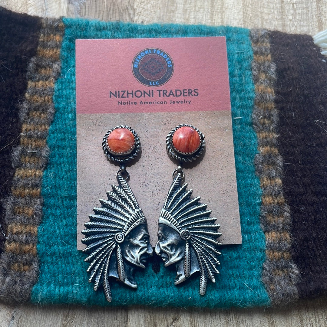 Beautiful Handcrafted Sterling Silver & Orange Spiny Dangle Chief Earrings Signed