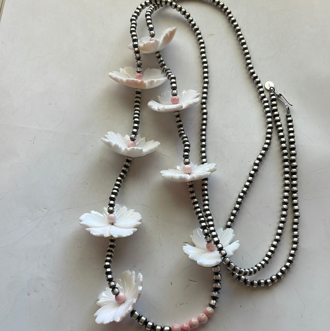 Handcrafted Pink Conch & Sterling Silver Flower Beaded Necklace 48”
