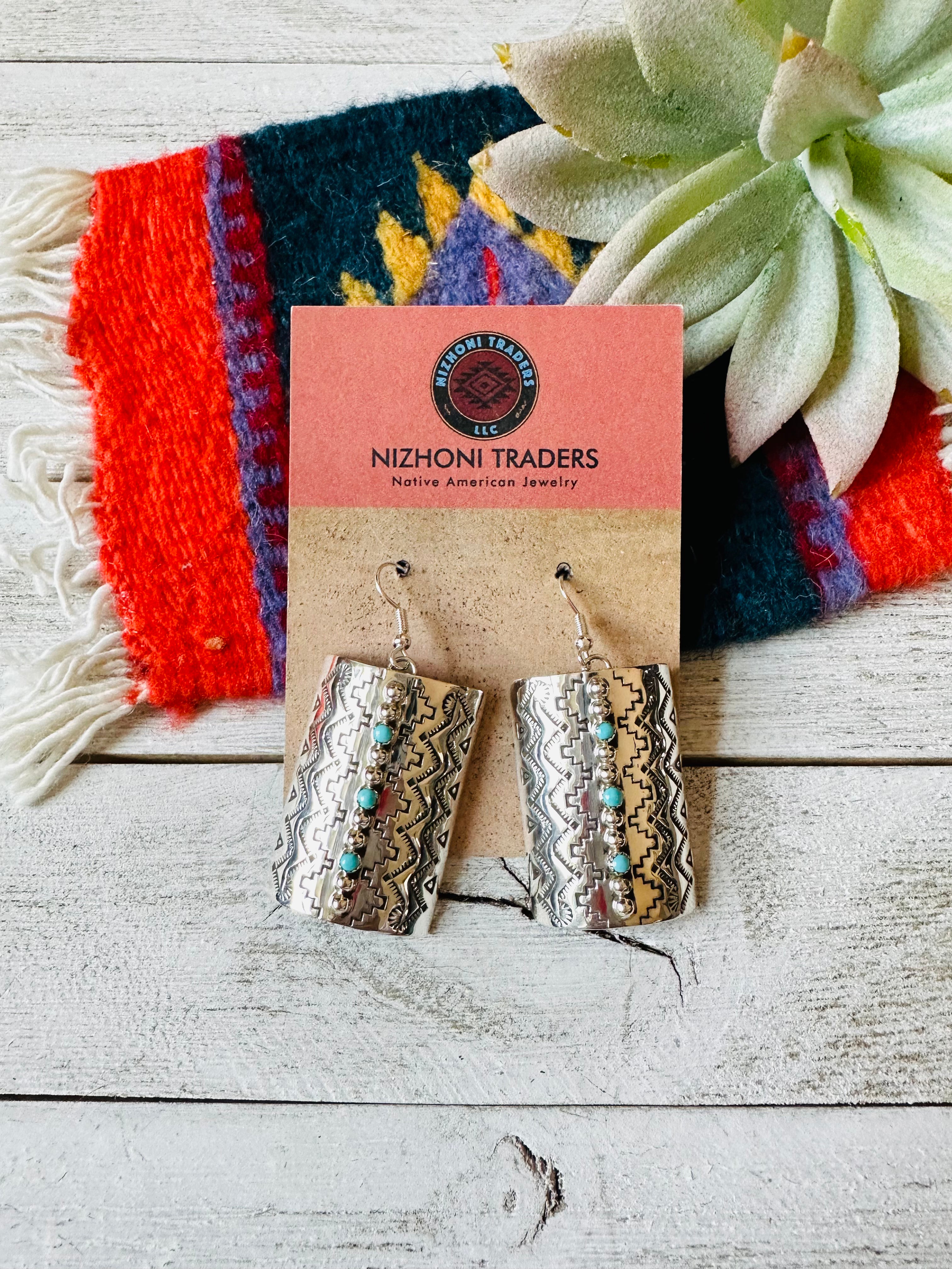 Handcrafted Hand Stamped Sterling Silver & Turquoise Dangle Earrings