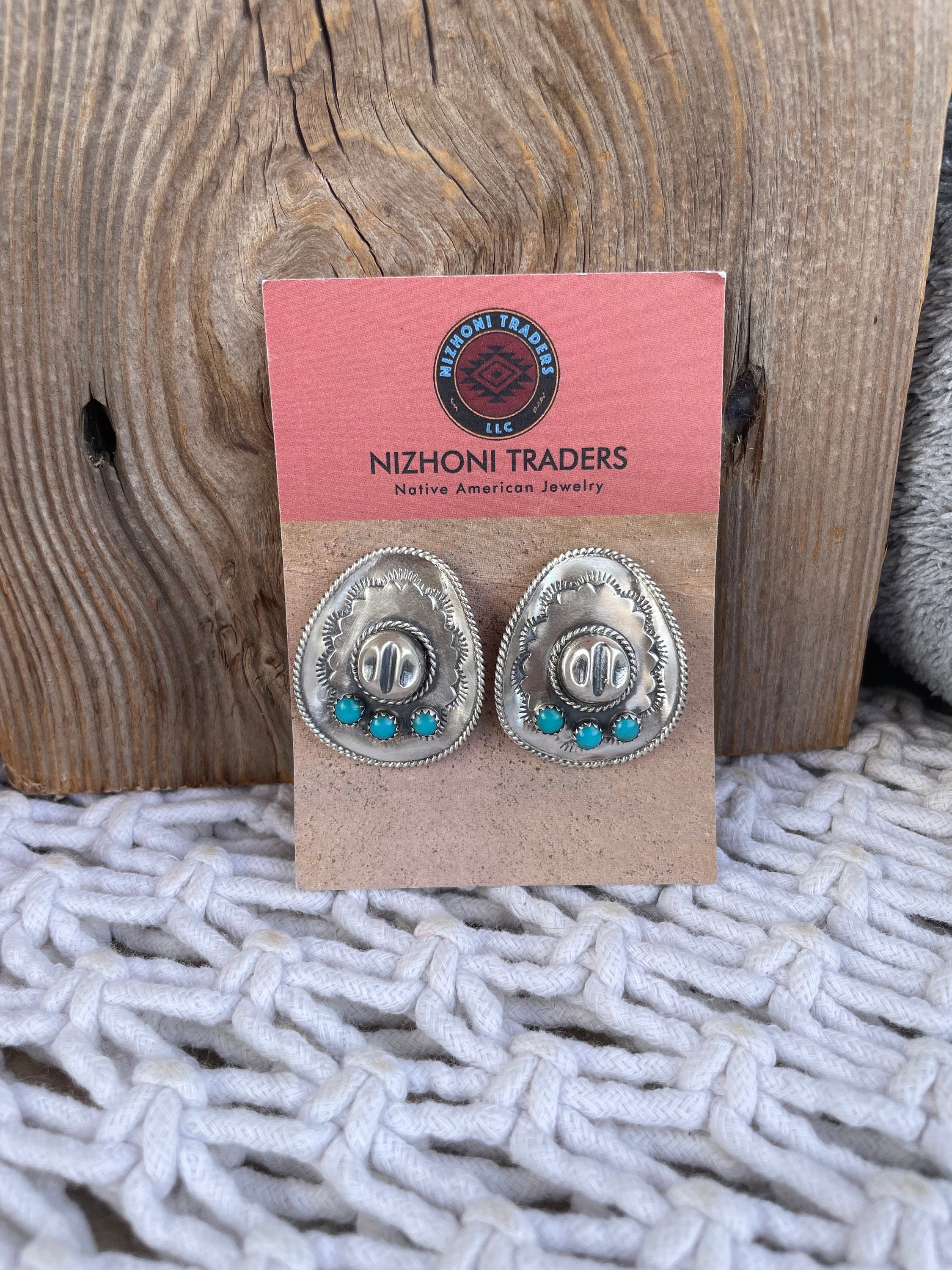 Handcrafted Cowboy Hat Sterling Silver & Turquoise Concho Post Earrings