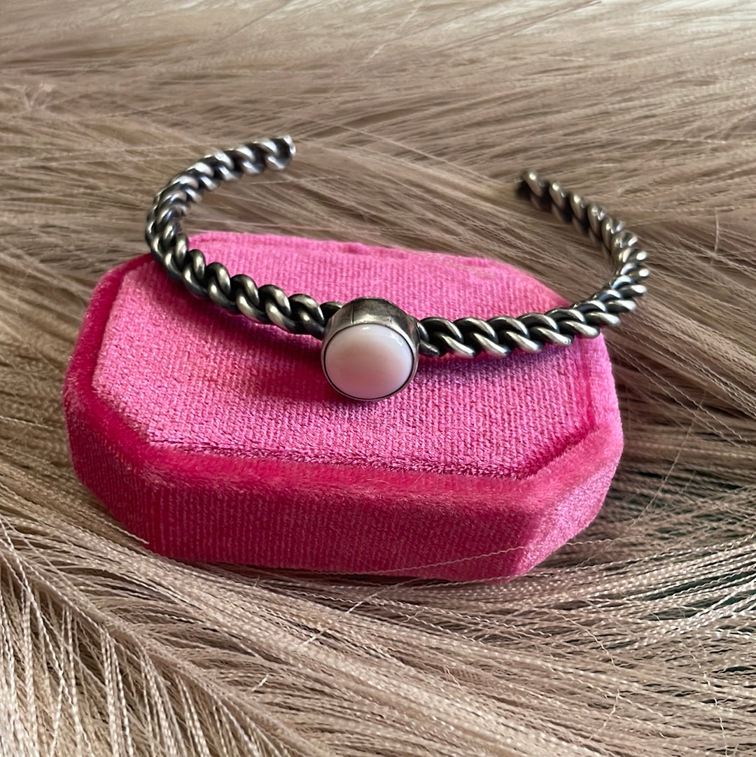 Handcrafted Circle Pink Conch & Sterling Silver Adjustable Cuff Bracelet