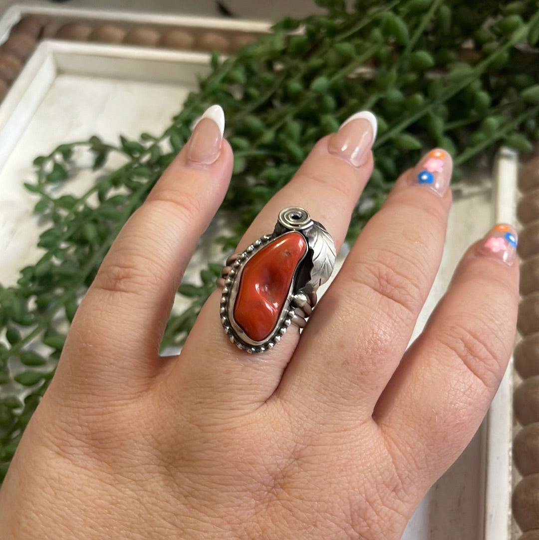 Handcrafted Coral & Sterling Silver Feather Ring Signed