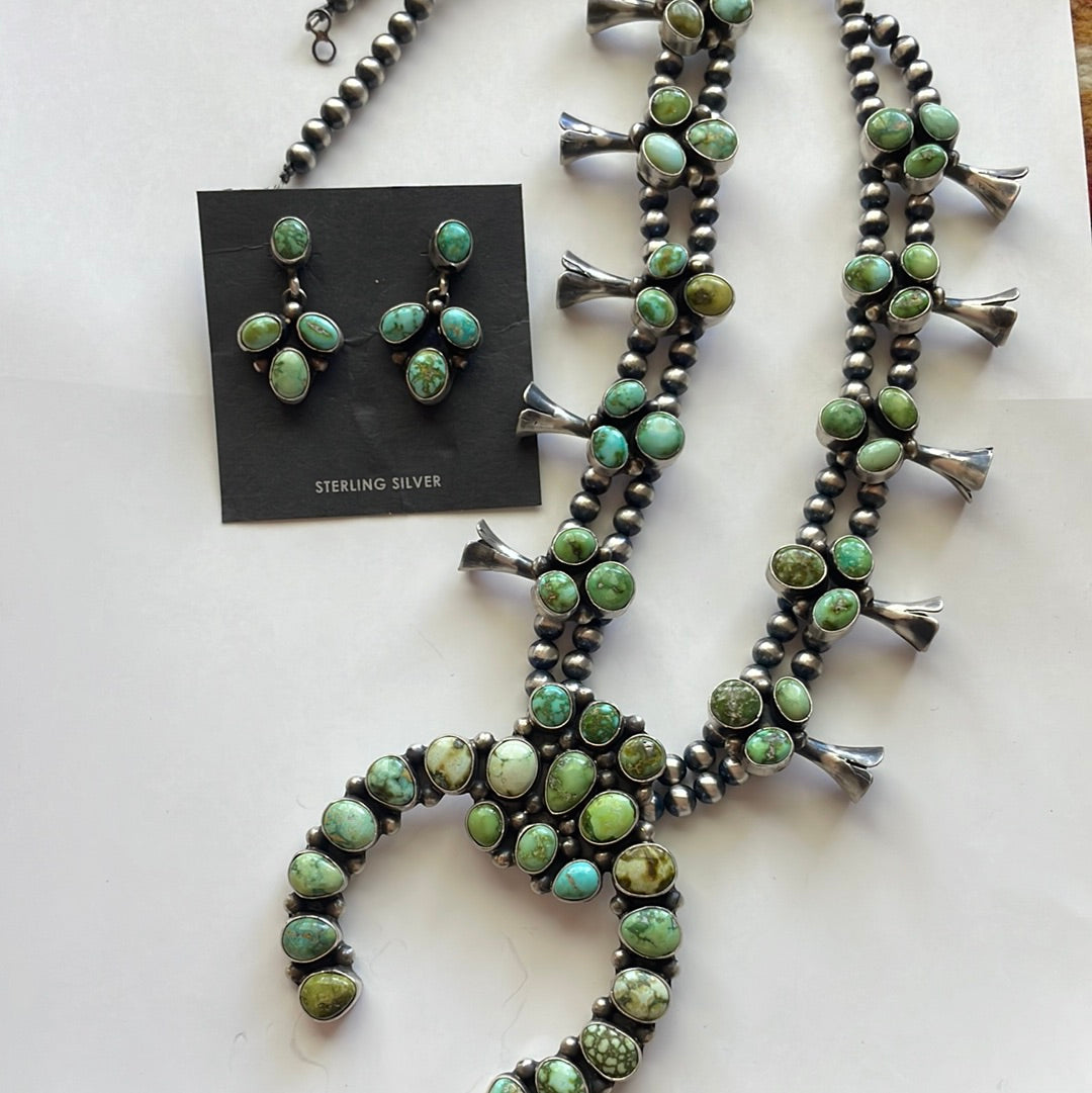 Navajo Sonoran Turquoise & Sterling Squash Blossom Set Signed Kathleen Chavez