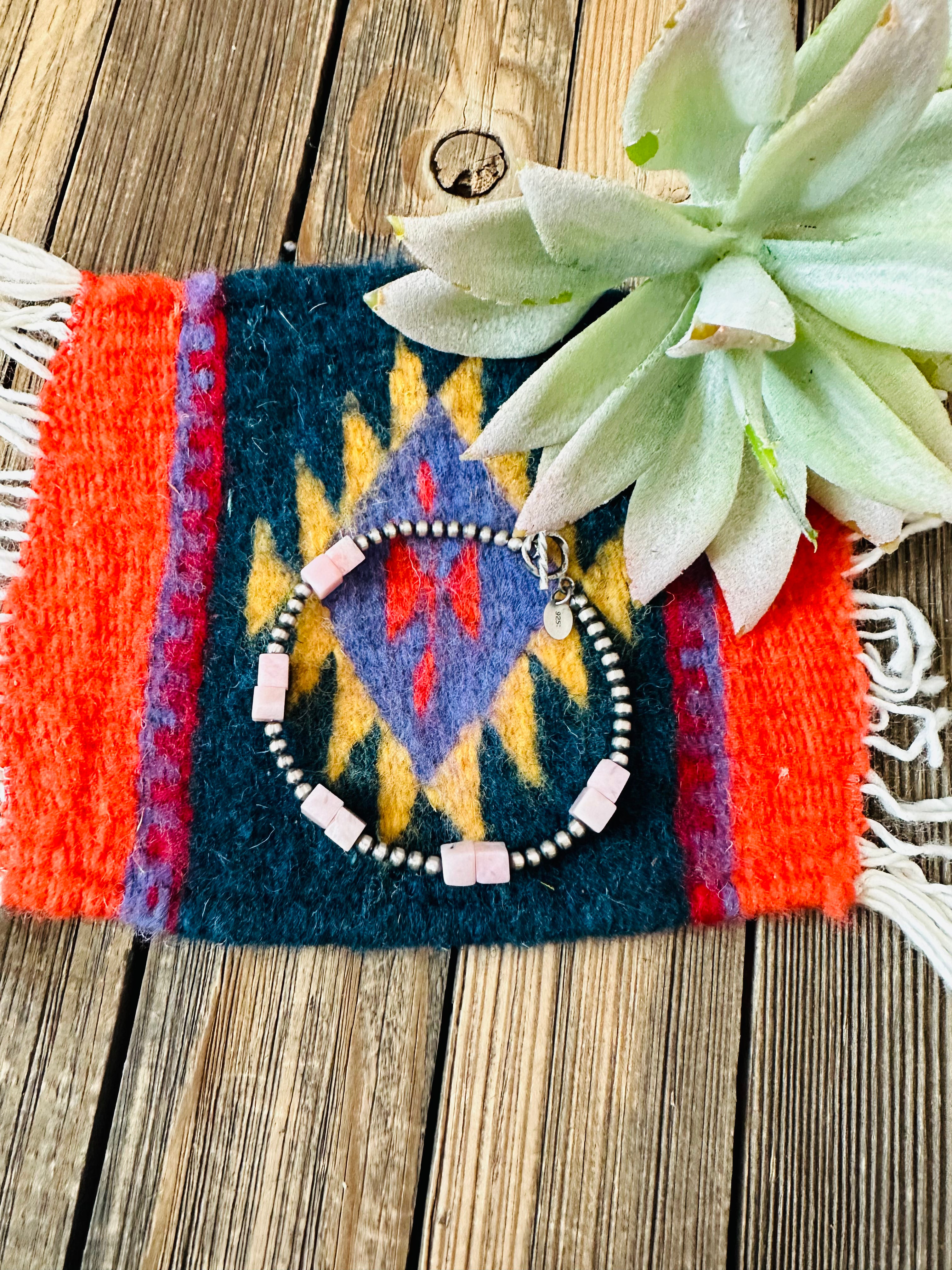 Handcrafted Queen Pink Conch Shell & Sterling Silver Beaded Bracelet