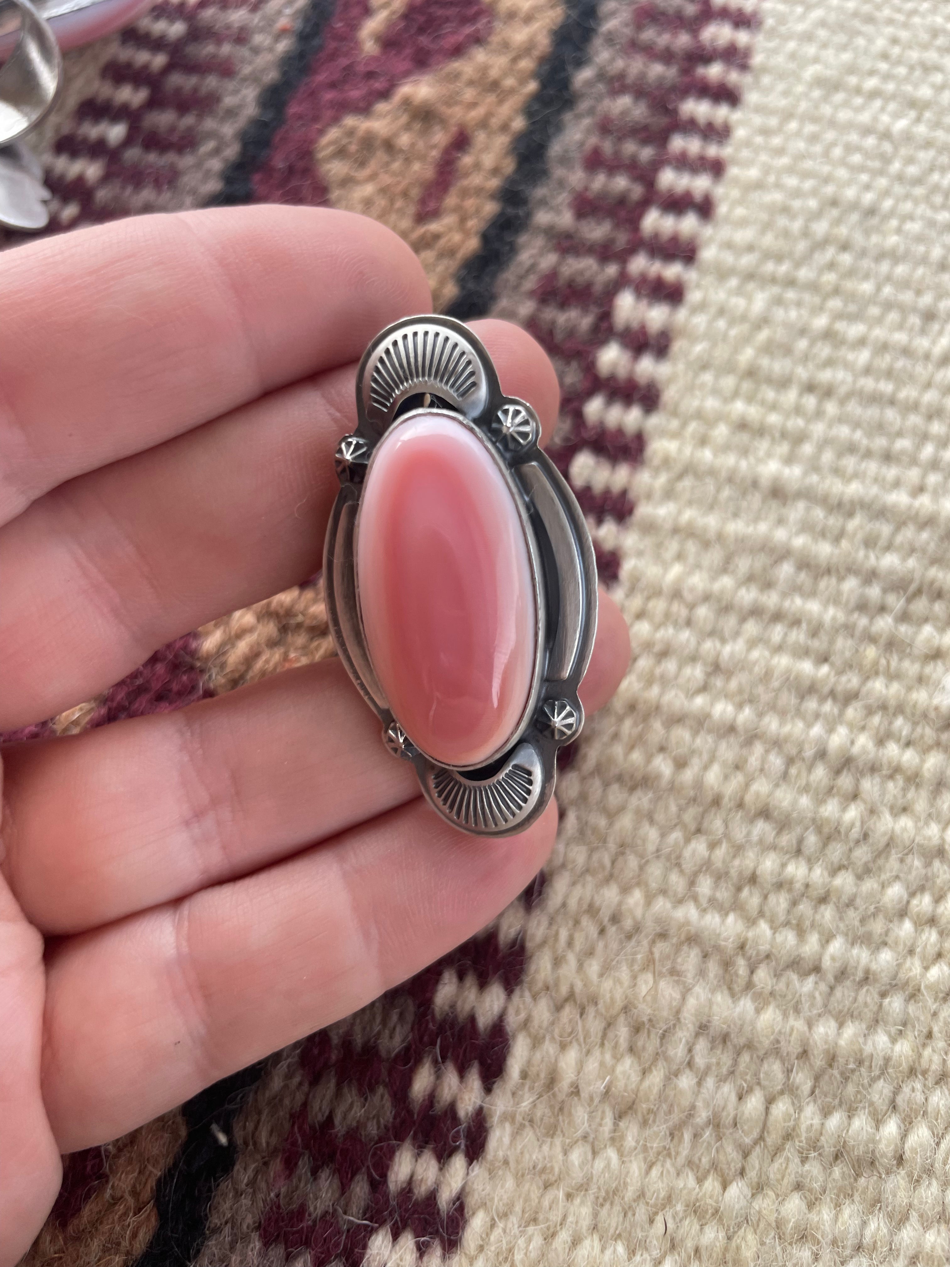 Handcrafted Sterling Silver & Pink Conch Oval Ring Signed
