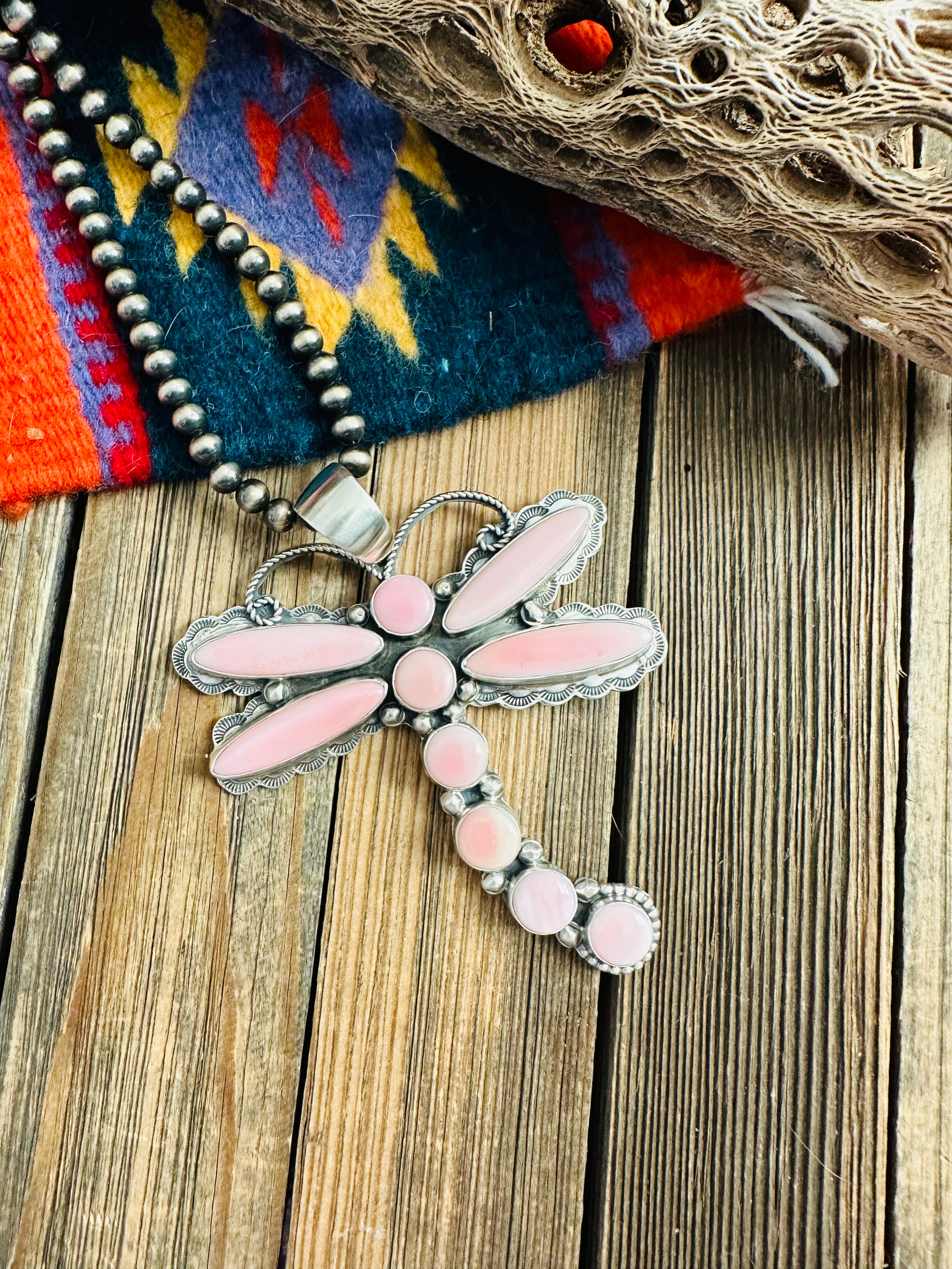 Navajo Queen Pink Conch & Sterling Silver Dragonfly Pendant By Tina Benally