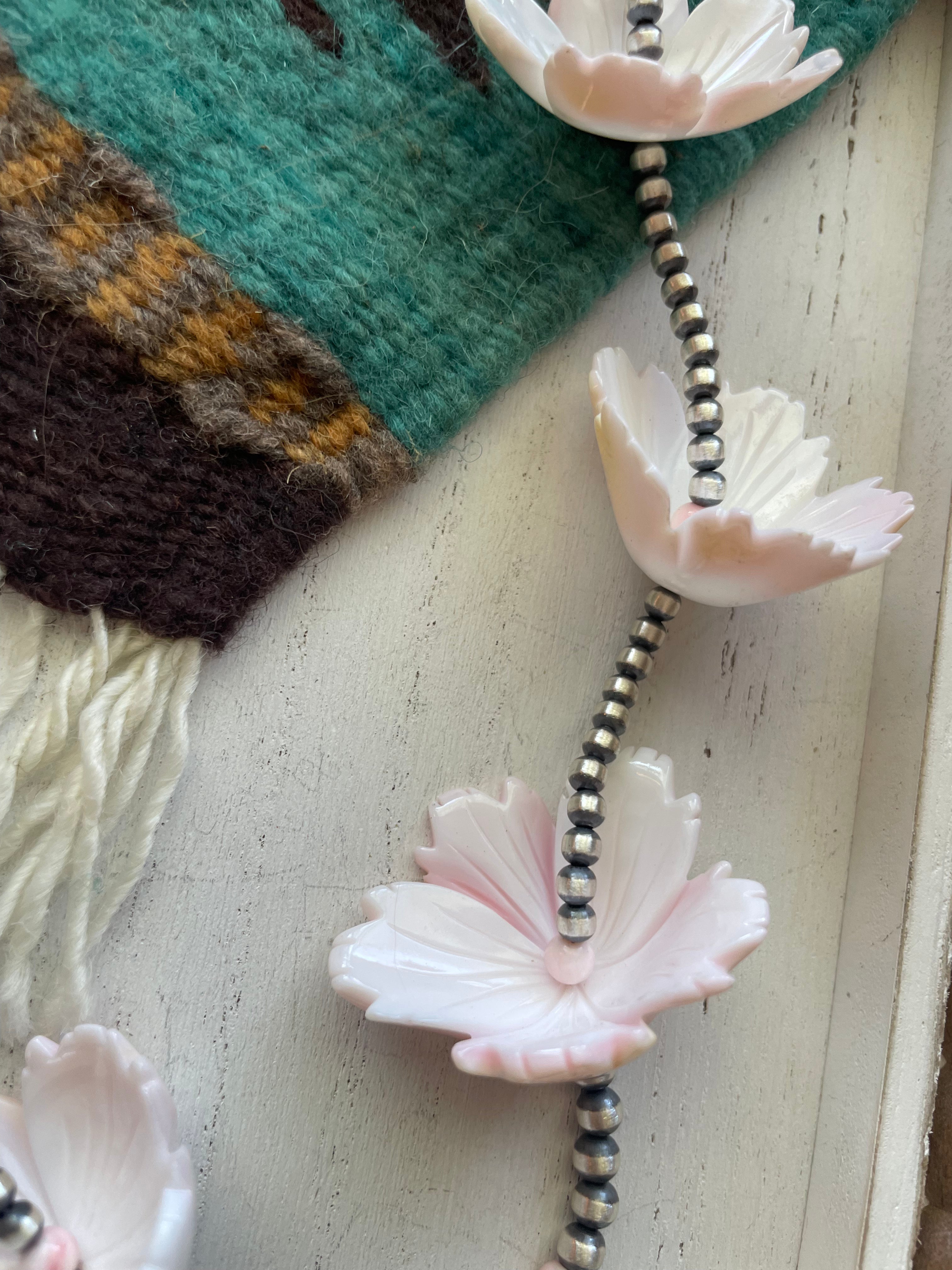 Handcrafted Pink Conch & Sterling Silver Flower Beaded Necklace 36”
