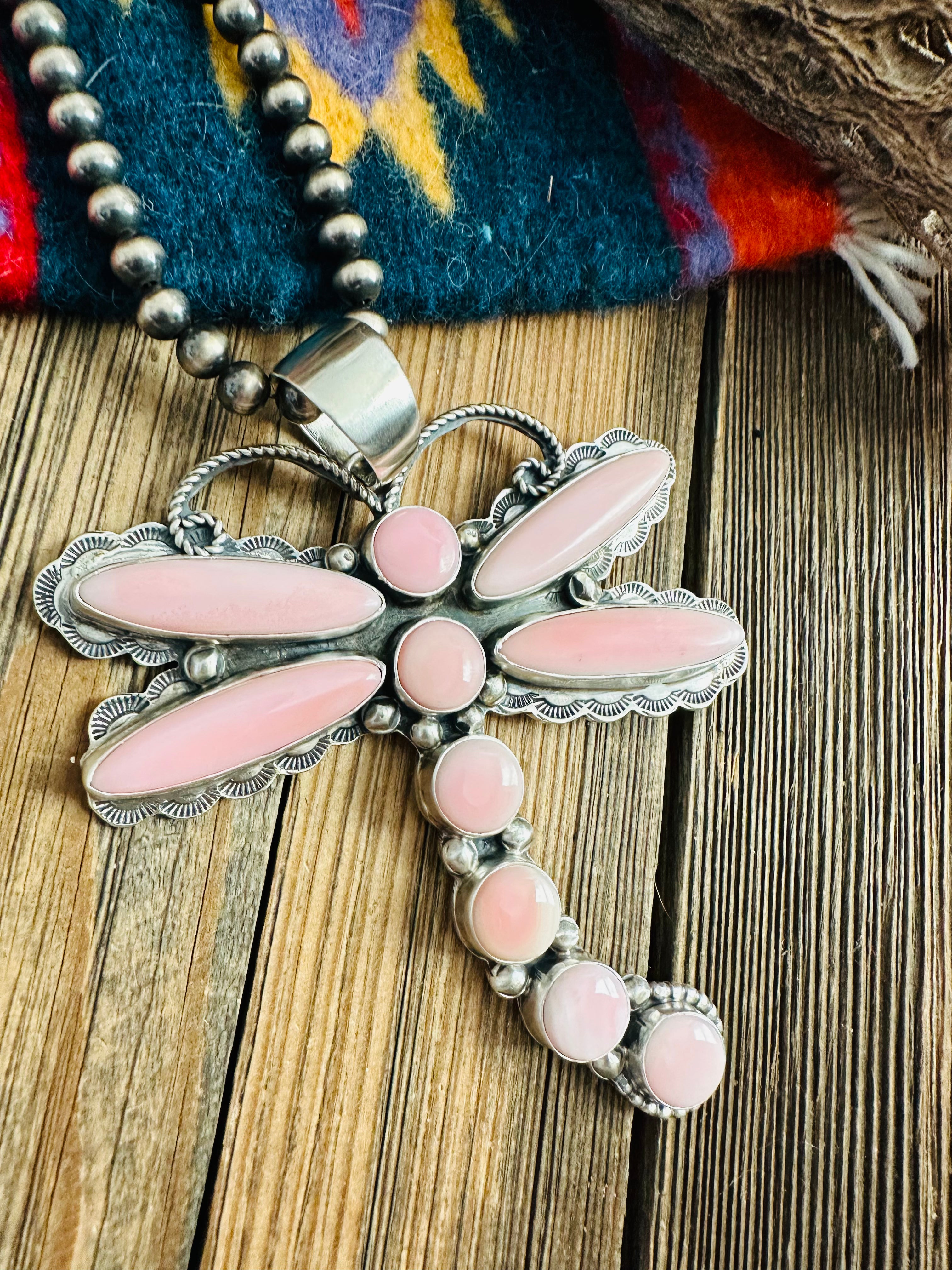 Navajo Queen Pink Conch & Sterling Silver Dragonfly Pendant By Tina Benally