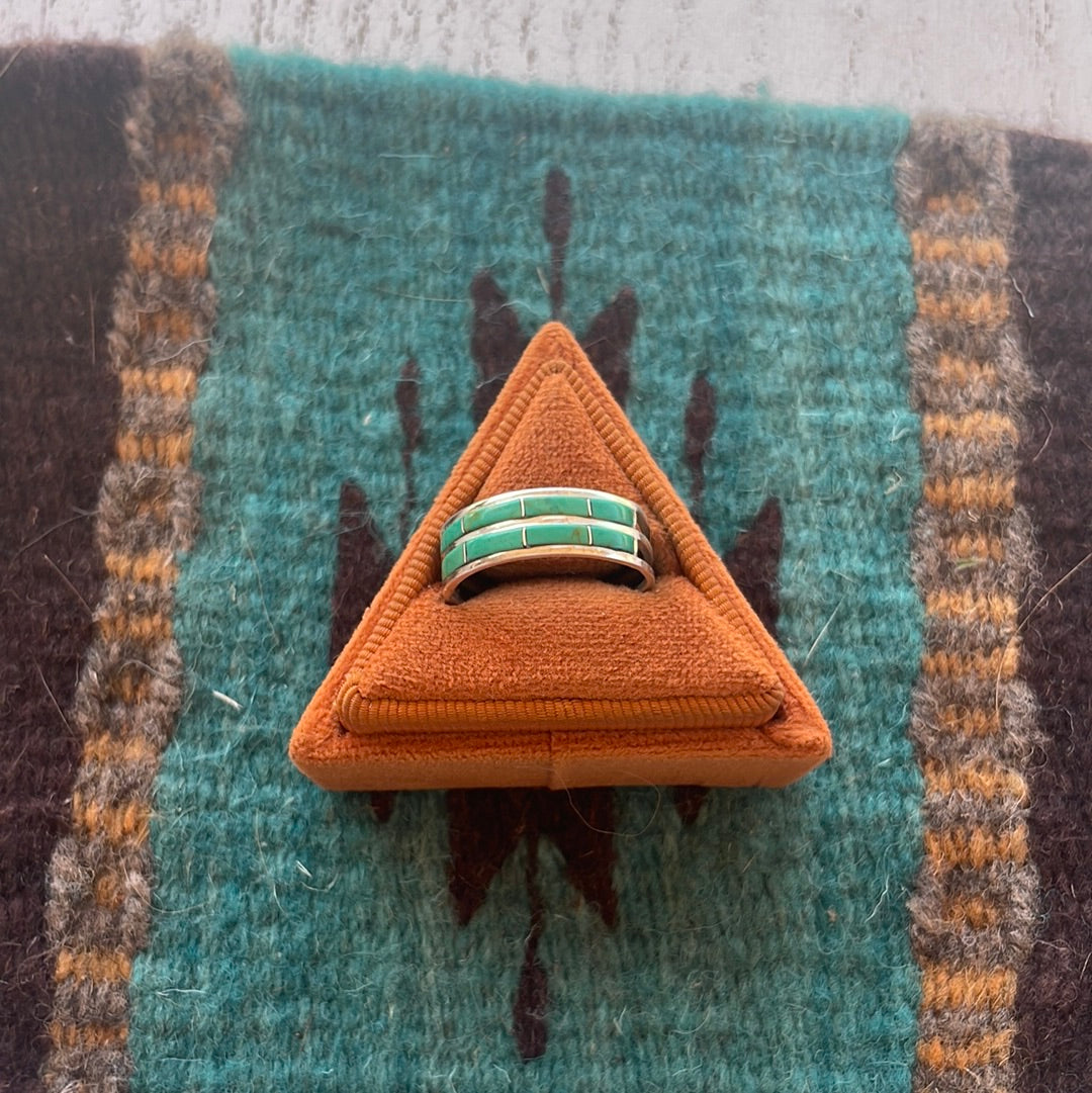 Handcrafted Double Row Green Turquoise 8 Stone Inlay Ring