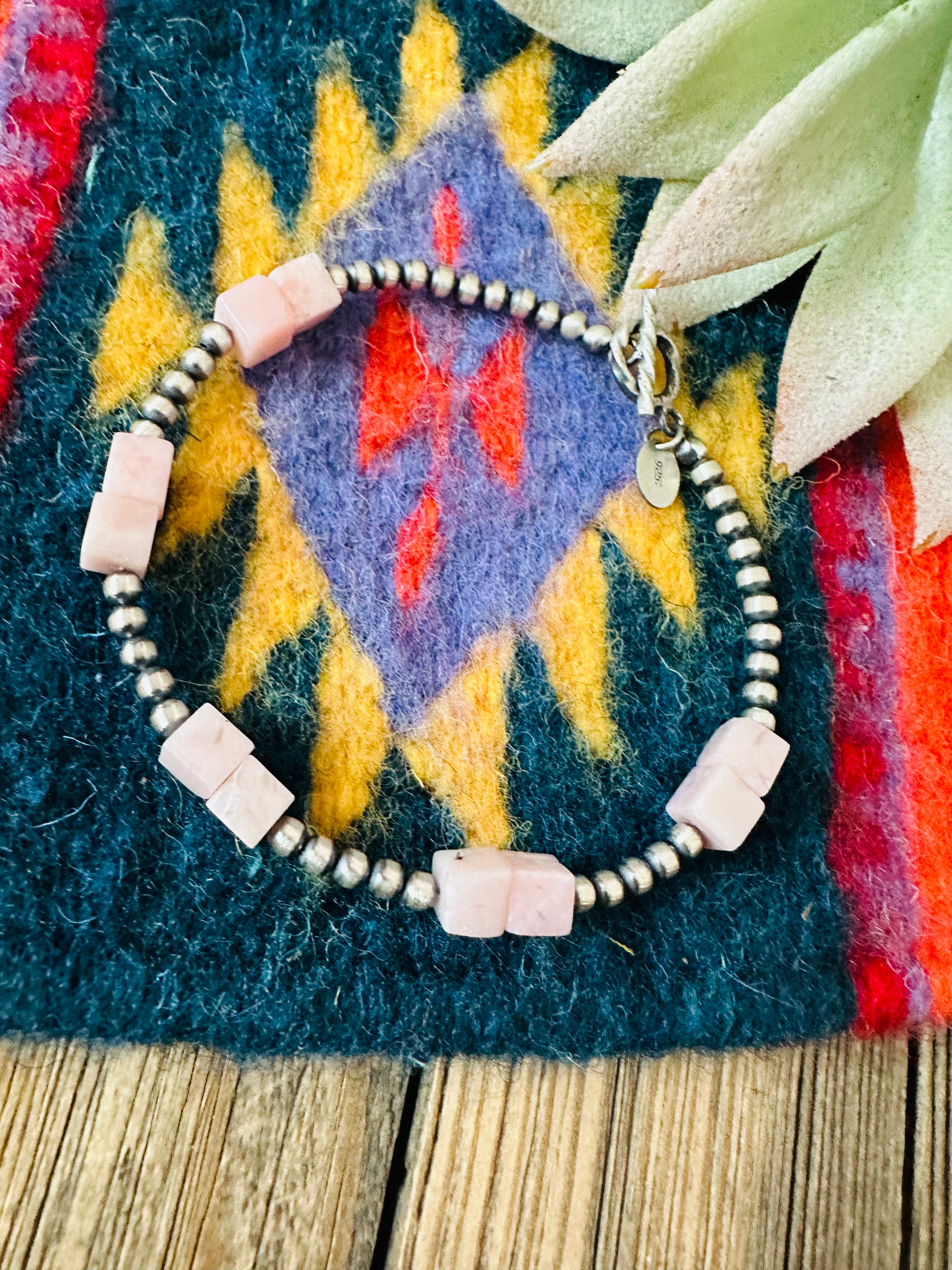 Handcrafted Queen Pink Conch Shell & Sterling Silver Beaded Bracelet