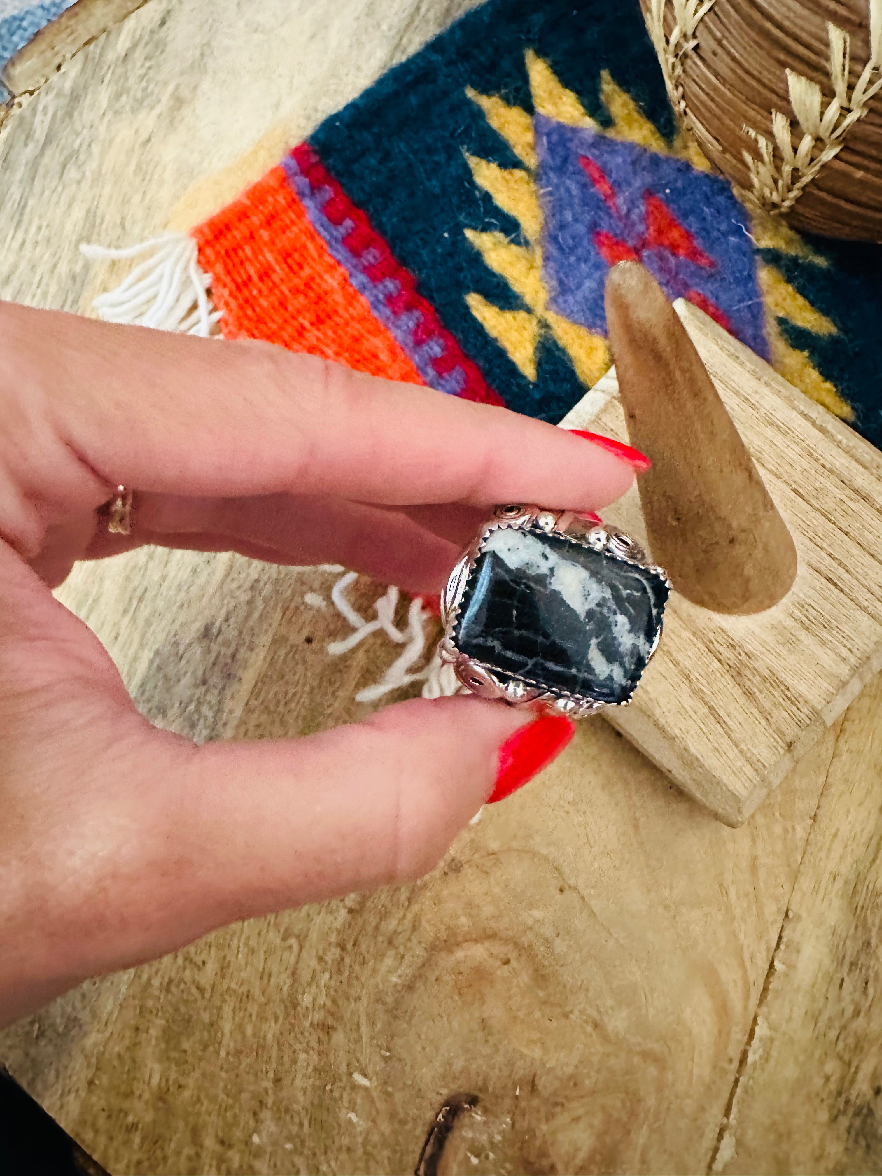 Handcrafted Sterling Silver & White Buffalo Band Ring Signed