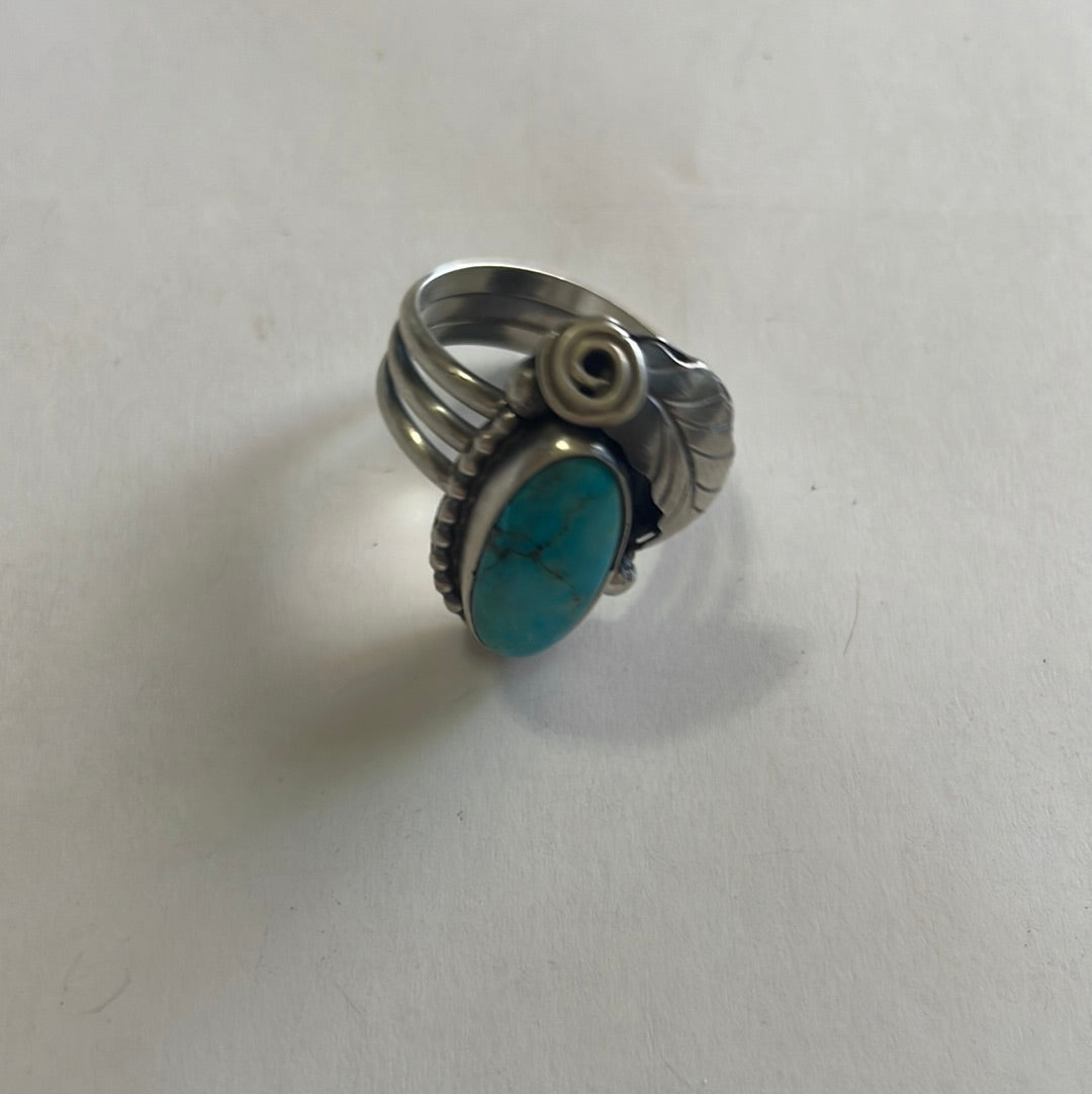 Handcrafted Turquoise & Sterling Silver Feather Ring Signed
