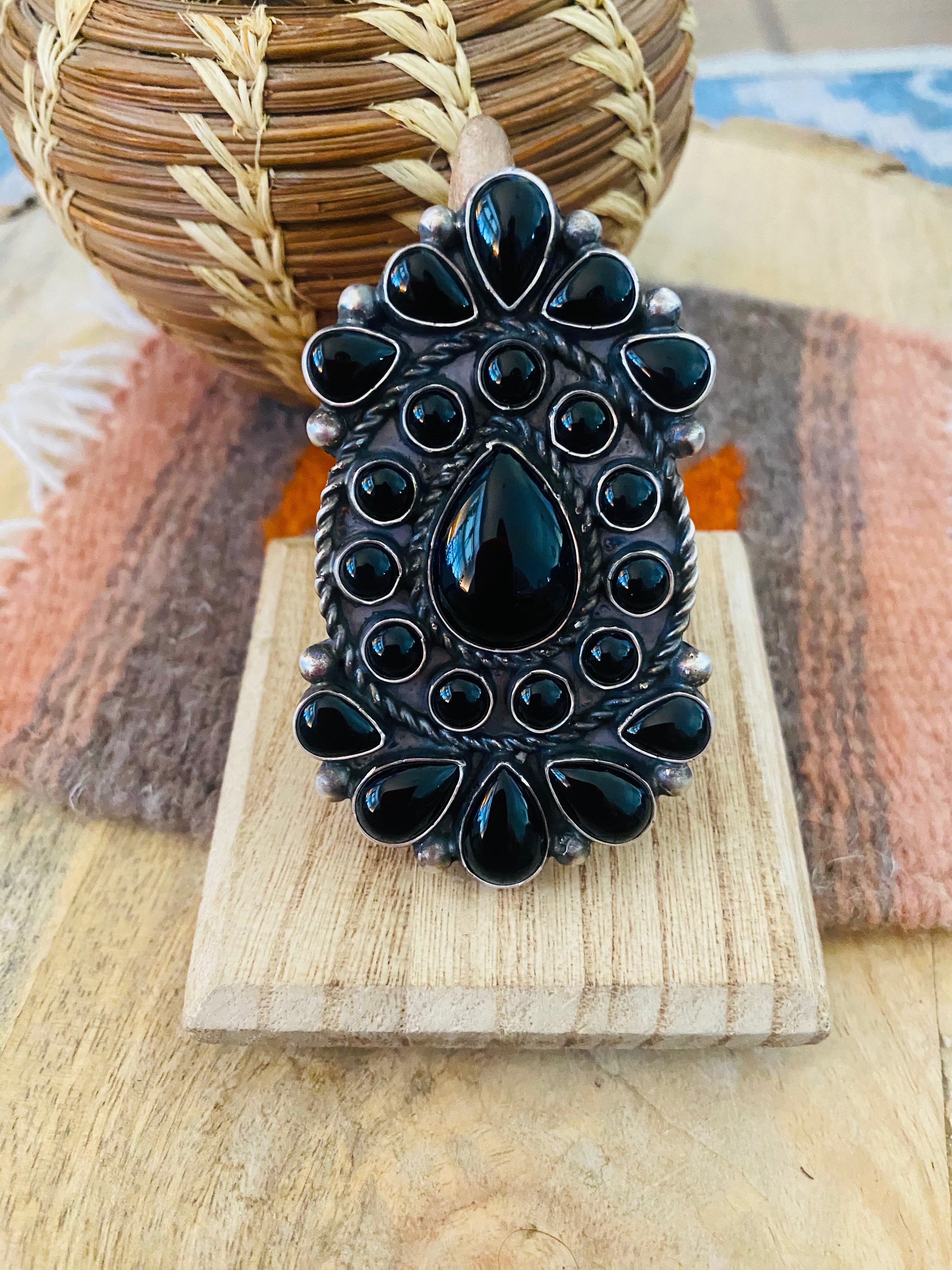 Handcrafted Sterling Silver & Black Onyx Cluster Ring Size 9