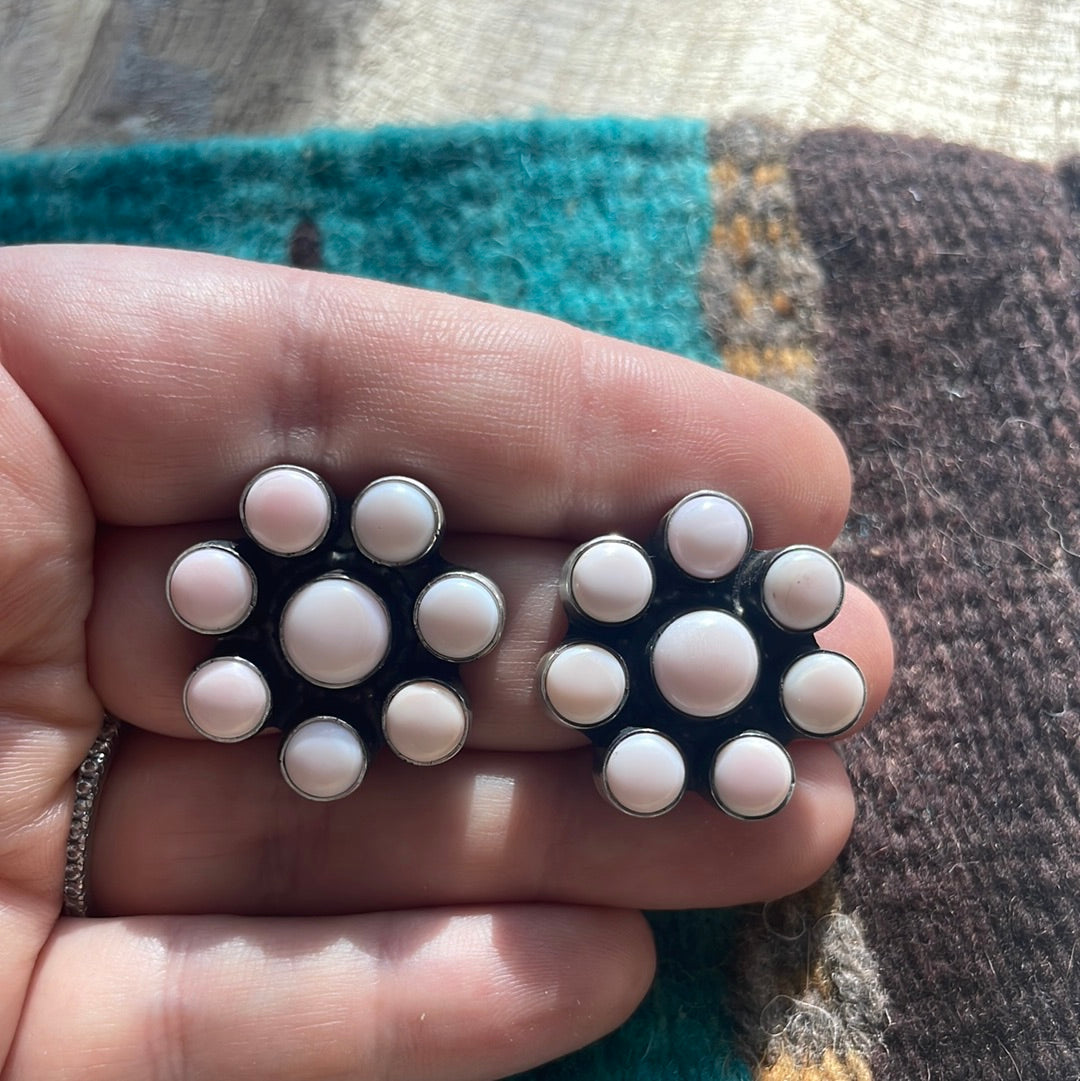 Handcrafted Pink Conch and Sterling Silver Flower Earrings Signed