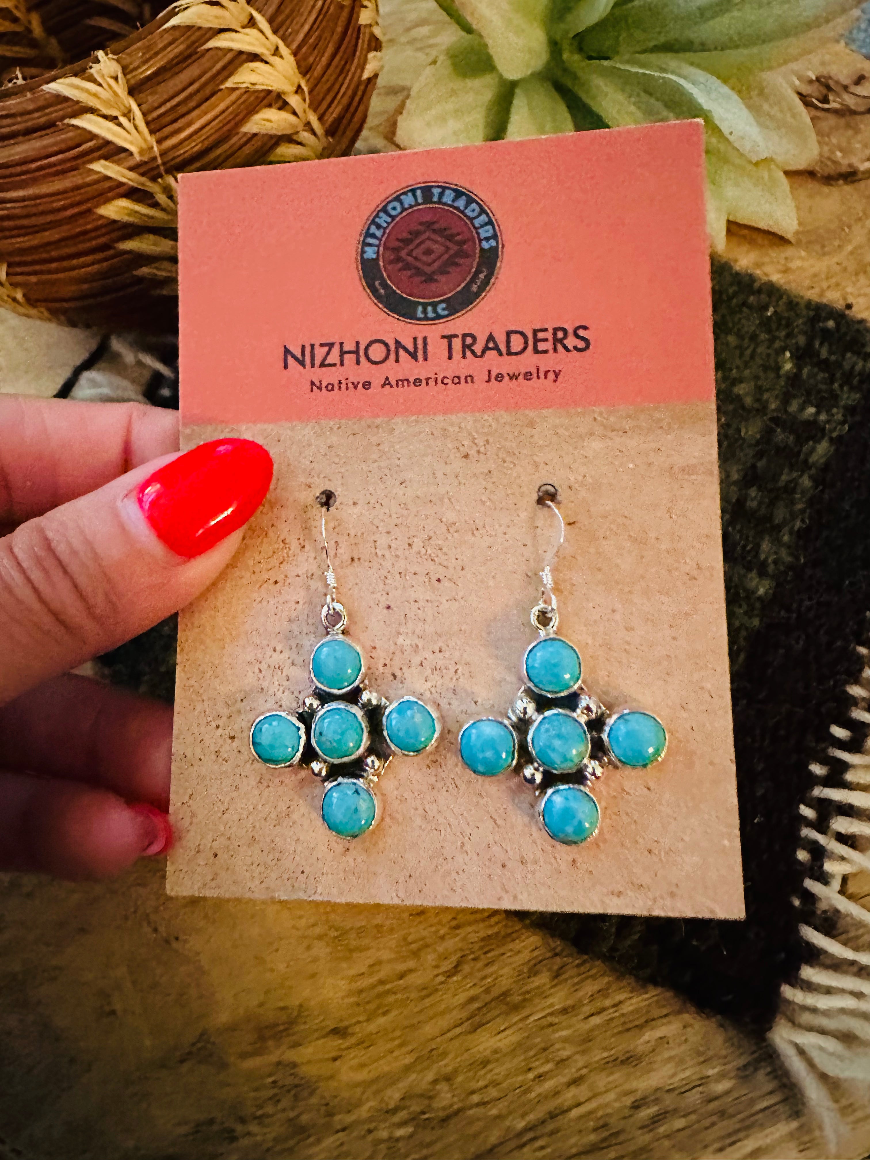 Handcrafted Sterling Silver & Turquoise Cluster Cross Dangle Earrings