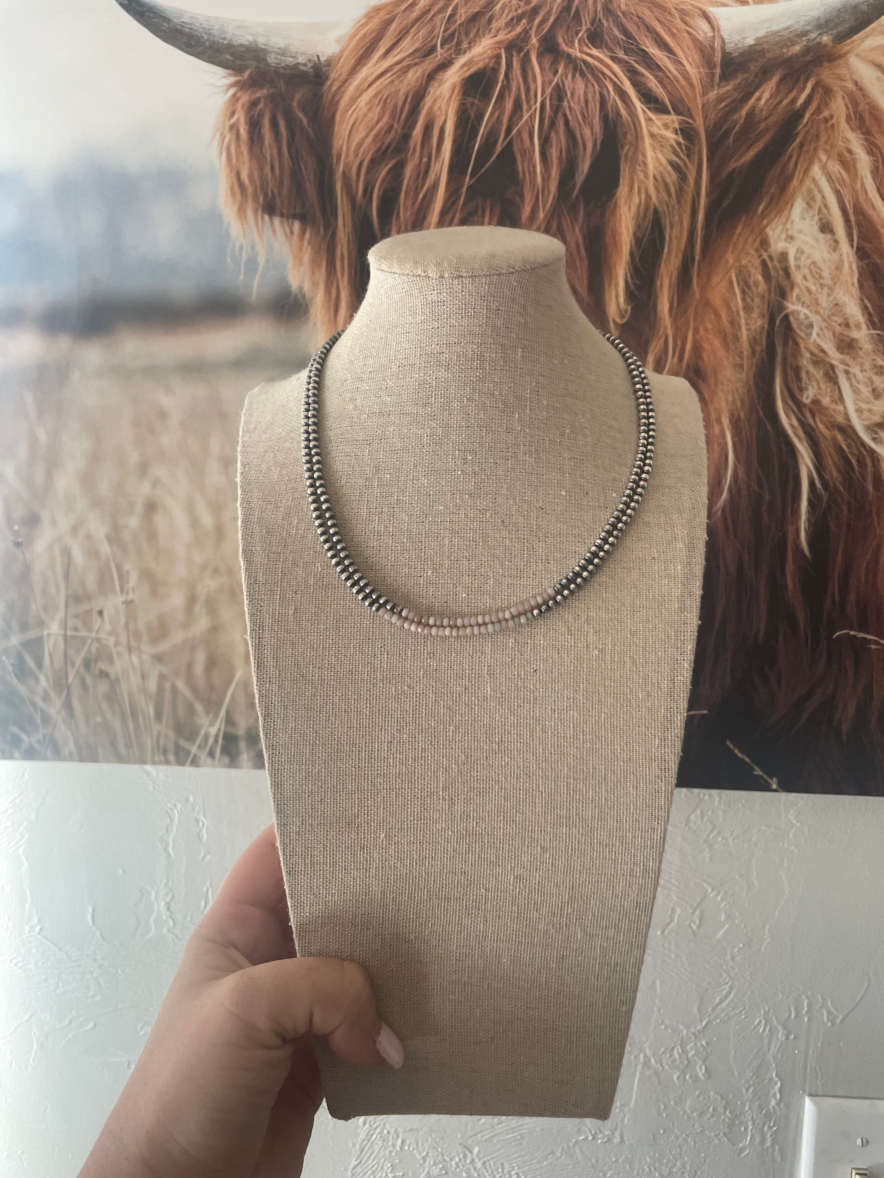 Handcrafted Sterling Silver Pearl & Queen Pink Conch Beaded Necklace 3mm