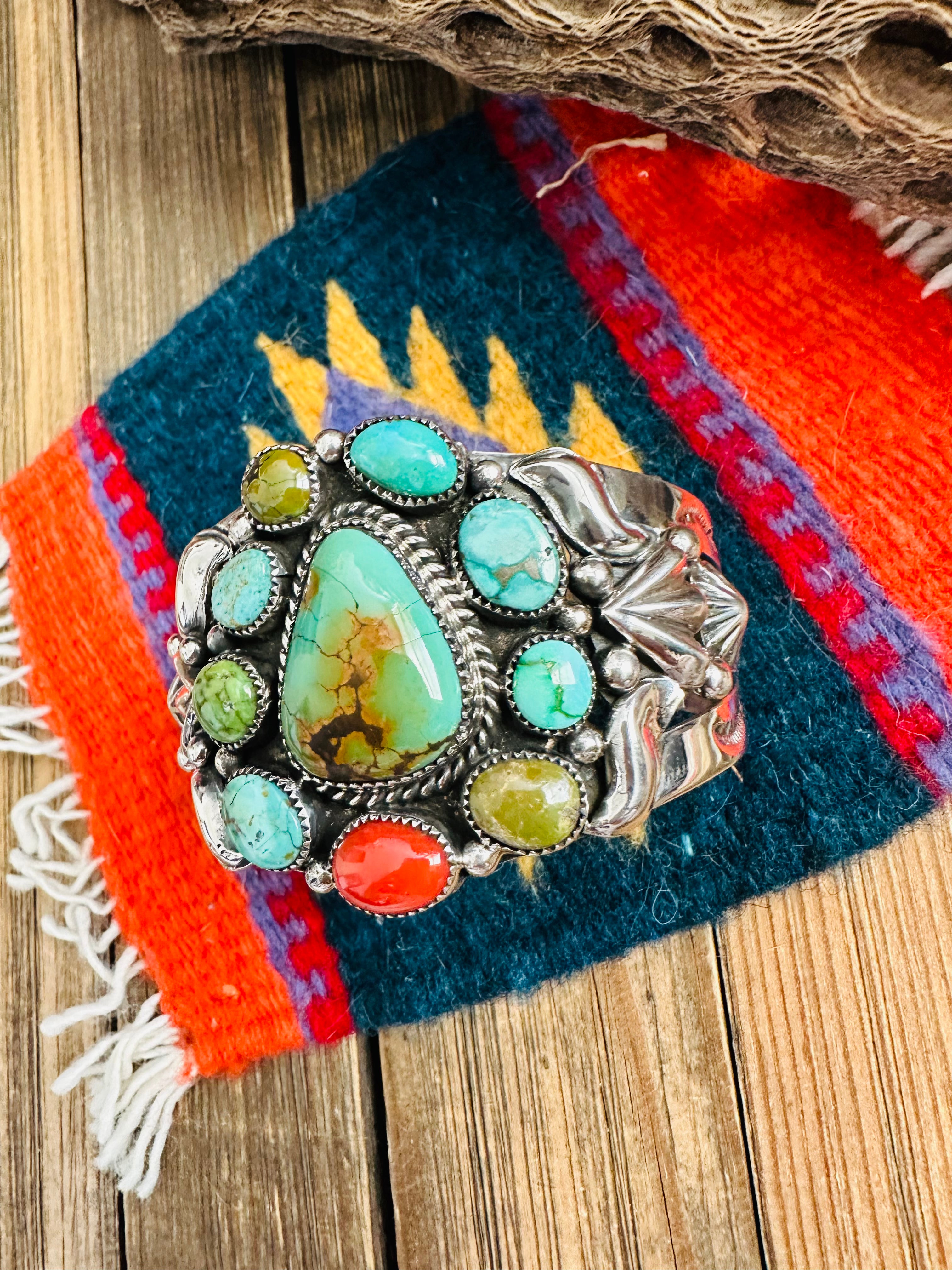 Navajo Old Pawn Turquoise, Coral & Sterling Silver Cuff Bracelet /