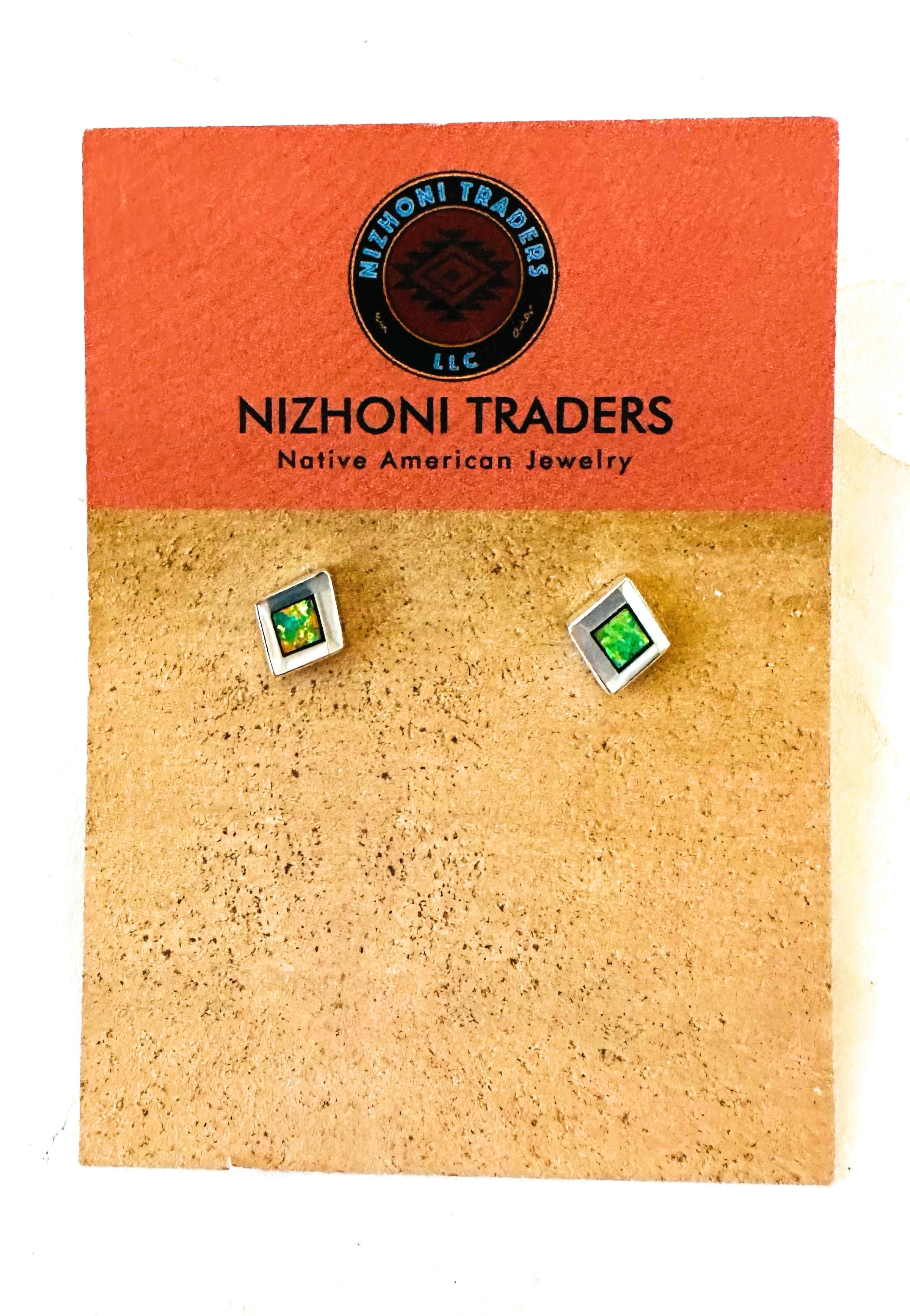 Zuni Mother of Pearl Green Opal & Sterling Silver Diamond Inlay Stud Earrings