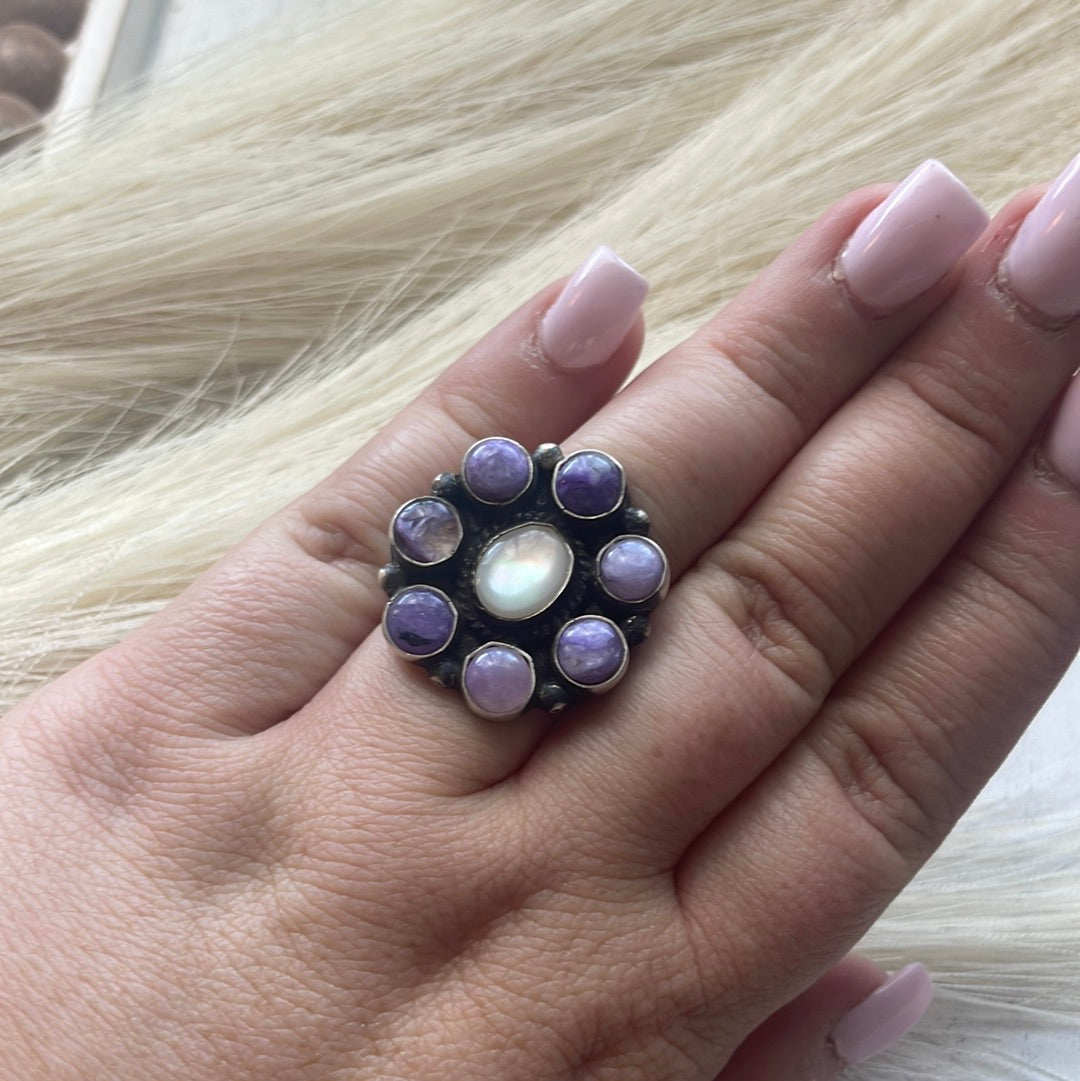 Handcrafted Charoite & White Topaz Sterling Silver Adjustable Ring Signed