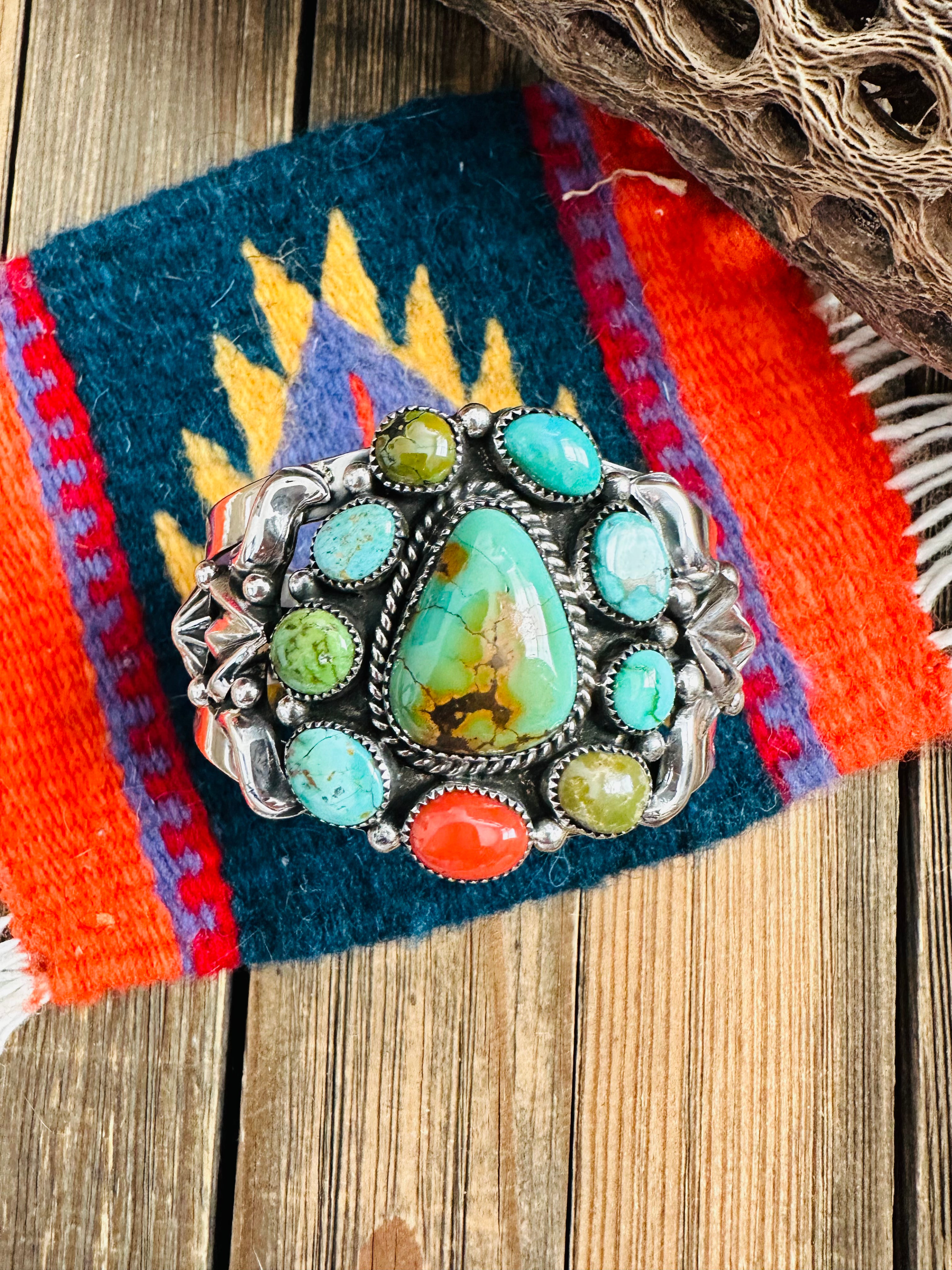 Navajo Old Pawn Turquoise, Coral & Sterling Silver Cuff Bracelet /