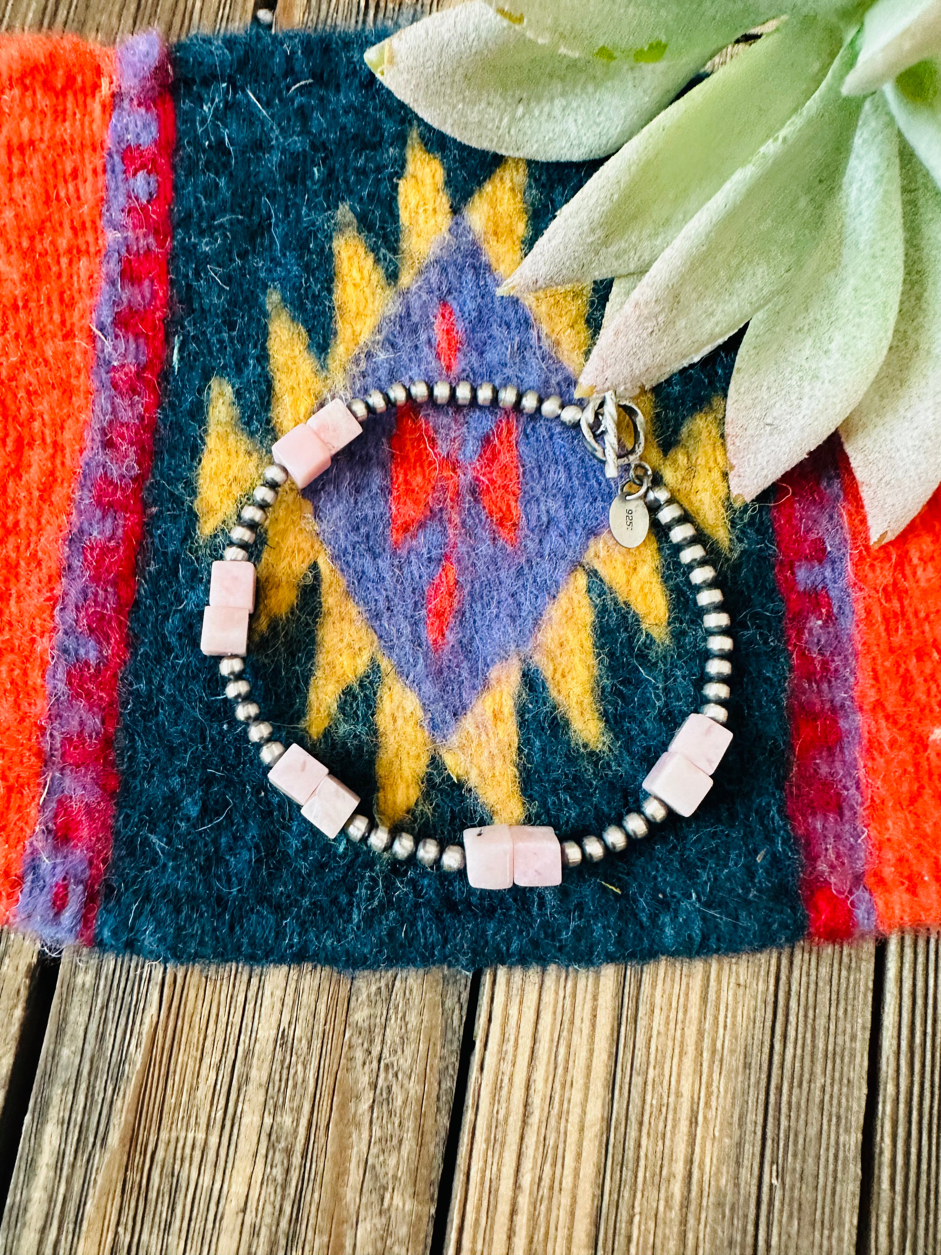 Handcrafted Queen Pink Conch Shell & Sterling Silver Beaded Bracelet