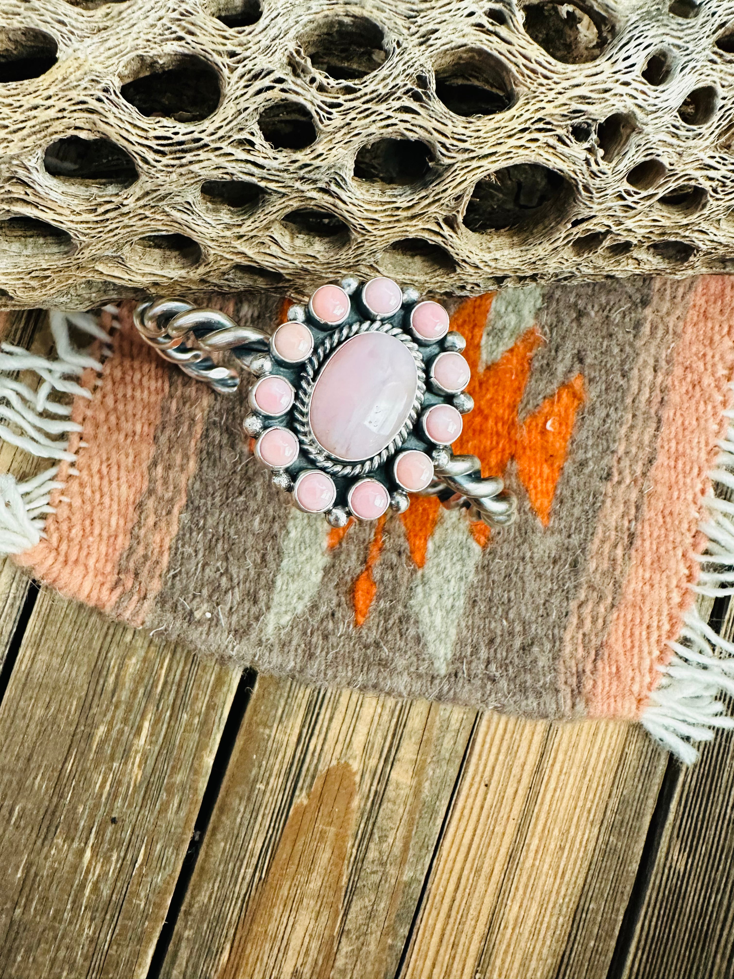 Handcrafted Queen Pink Conch Shell & Sterling Silver Cluster Cuff Bracelet /