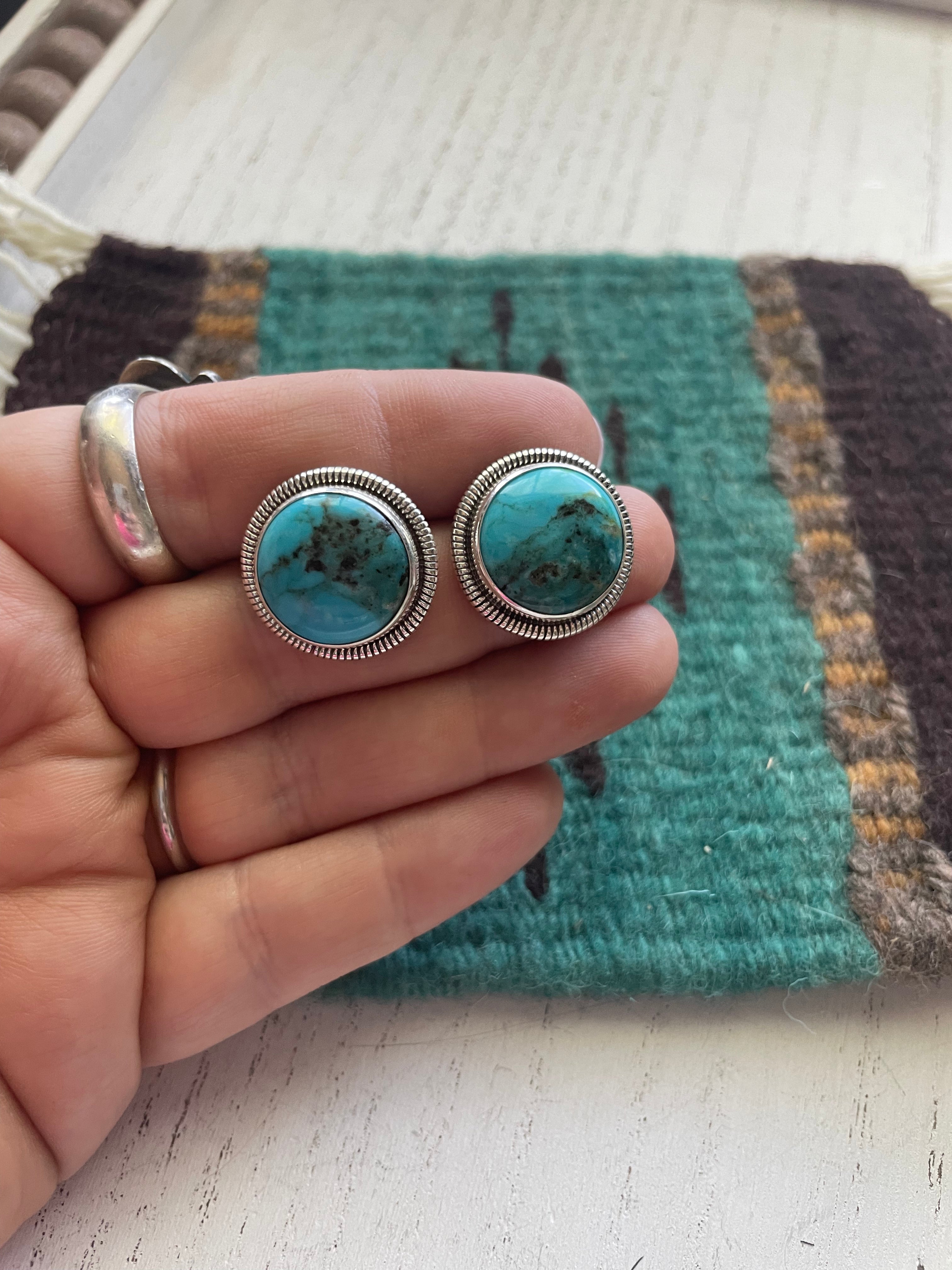 Handcrafted Sterling Silver & Turquoise Circle Stud Earrings Signed Wydell Billie