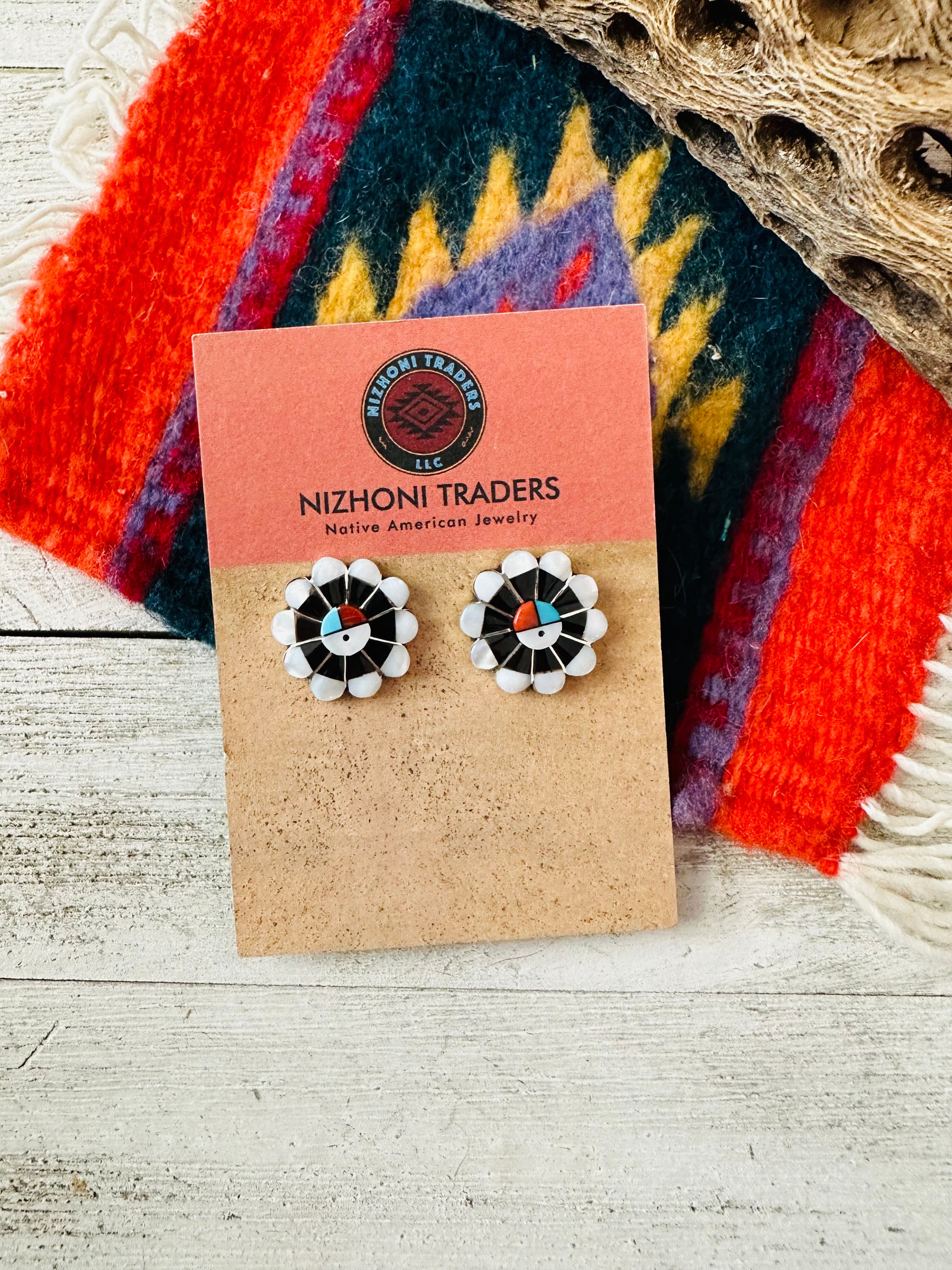 Handcrafted Sun Face Multi Stone & Sterling Silver Inlay Stud Earrings