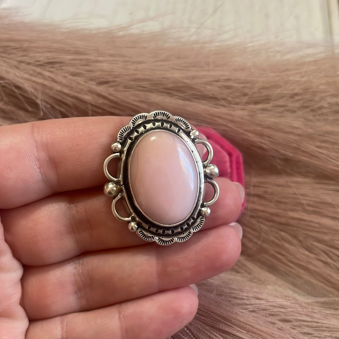 Gorgeous Navajo Pink Peruvian Opal And Sterling Silver Adjustable Ring