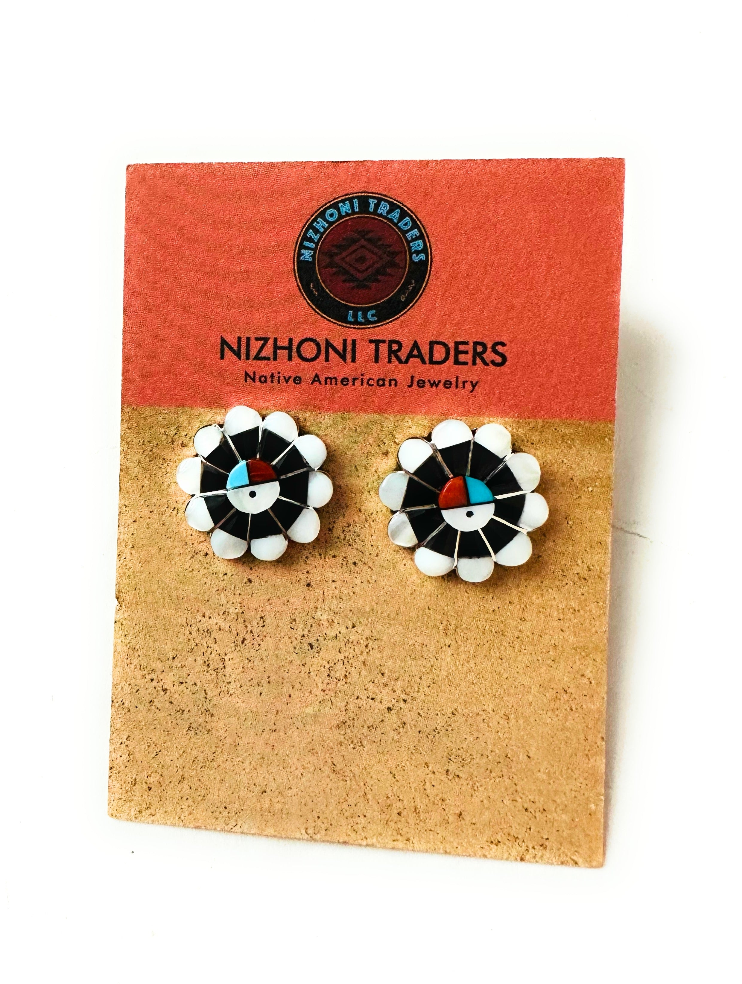 Handcrafted Sun Face Multi Stone & Sterling Silver Inlay Stud Earrings