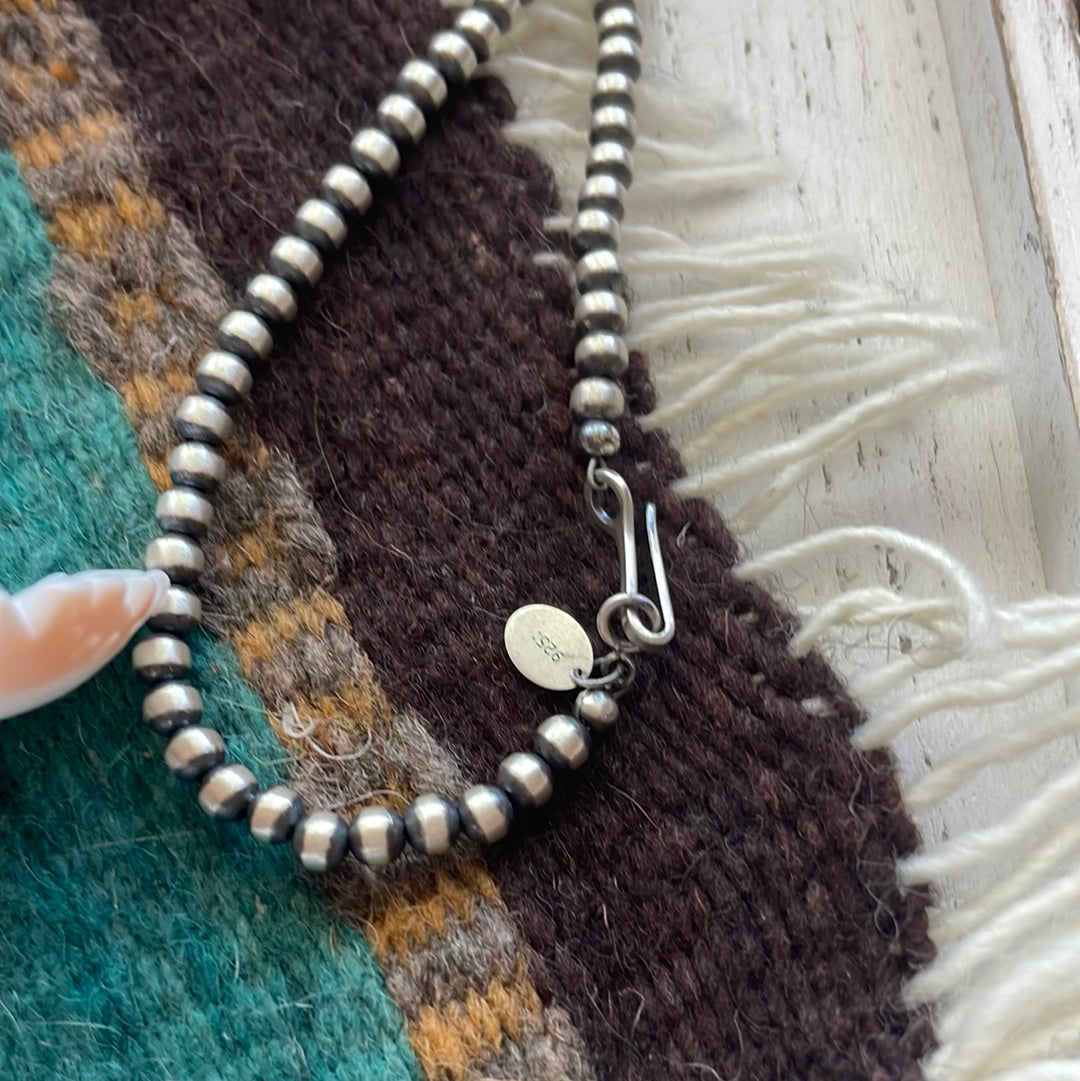 Handcrafted Pink Conch & Sterling Silver Flower Beaded Necklace 48”